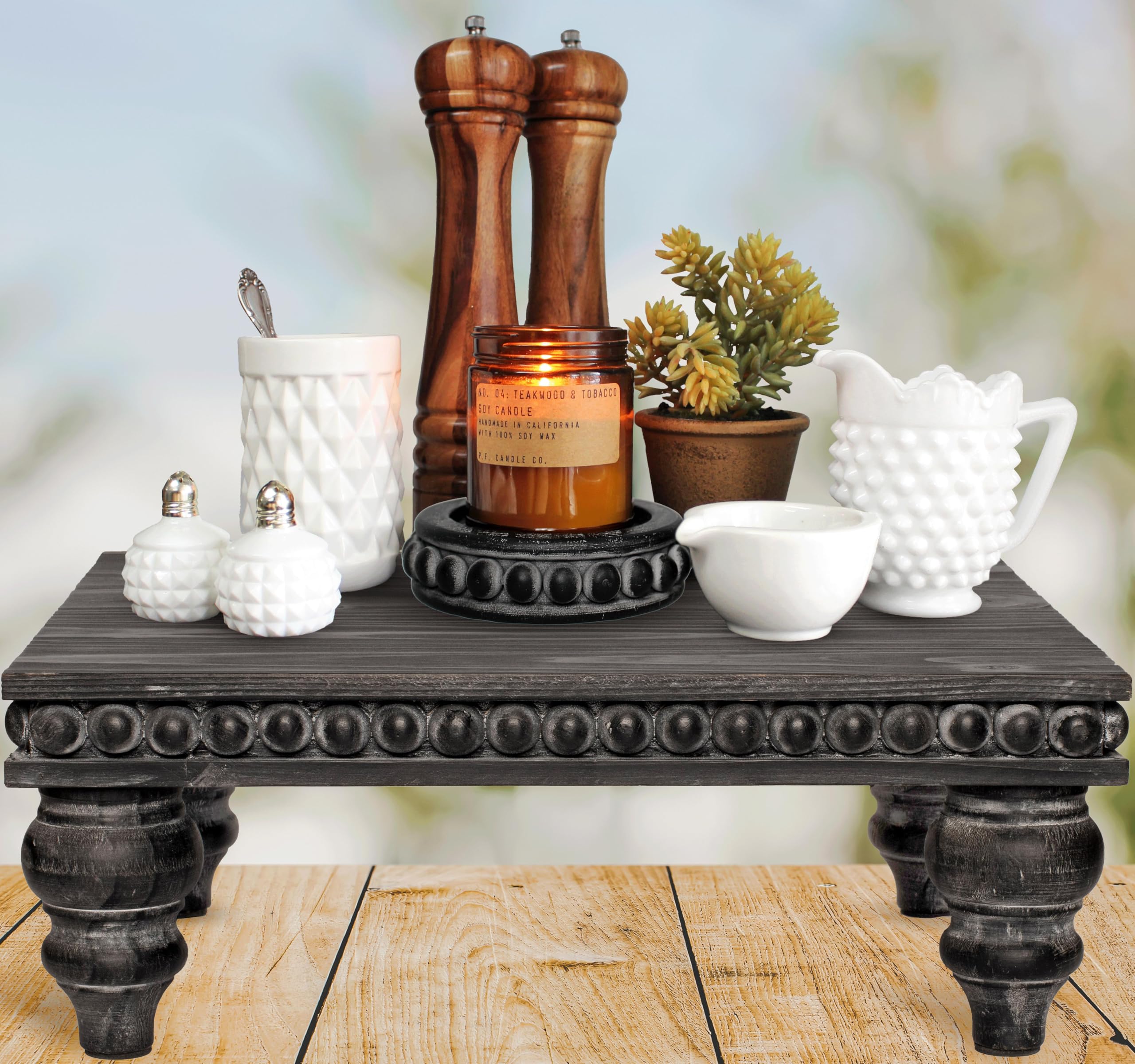 Rustic Wood Beaded Pedestal Tray Decor Riser Set - Kitchen Counter Organizer, Coffee Bar Table Display, Plant Stand with Black Woodgrain Finish | Perfect for Farmhouse Decor, Dining Table Centerpiece, and Bathroom Storage
