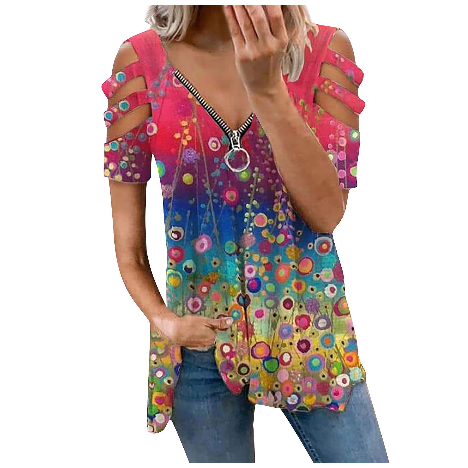Women's Cold Shoulder V-Neck Summer Tops with Zipper - Short Sleeve Loose Tunic Blouse for Casual Wear, Beach Outfits & Date Nights