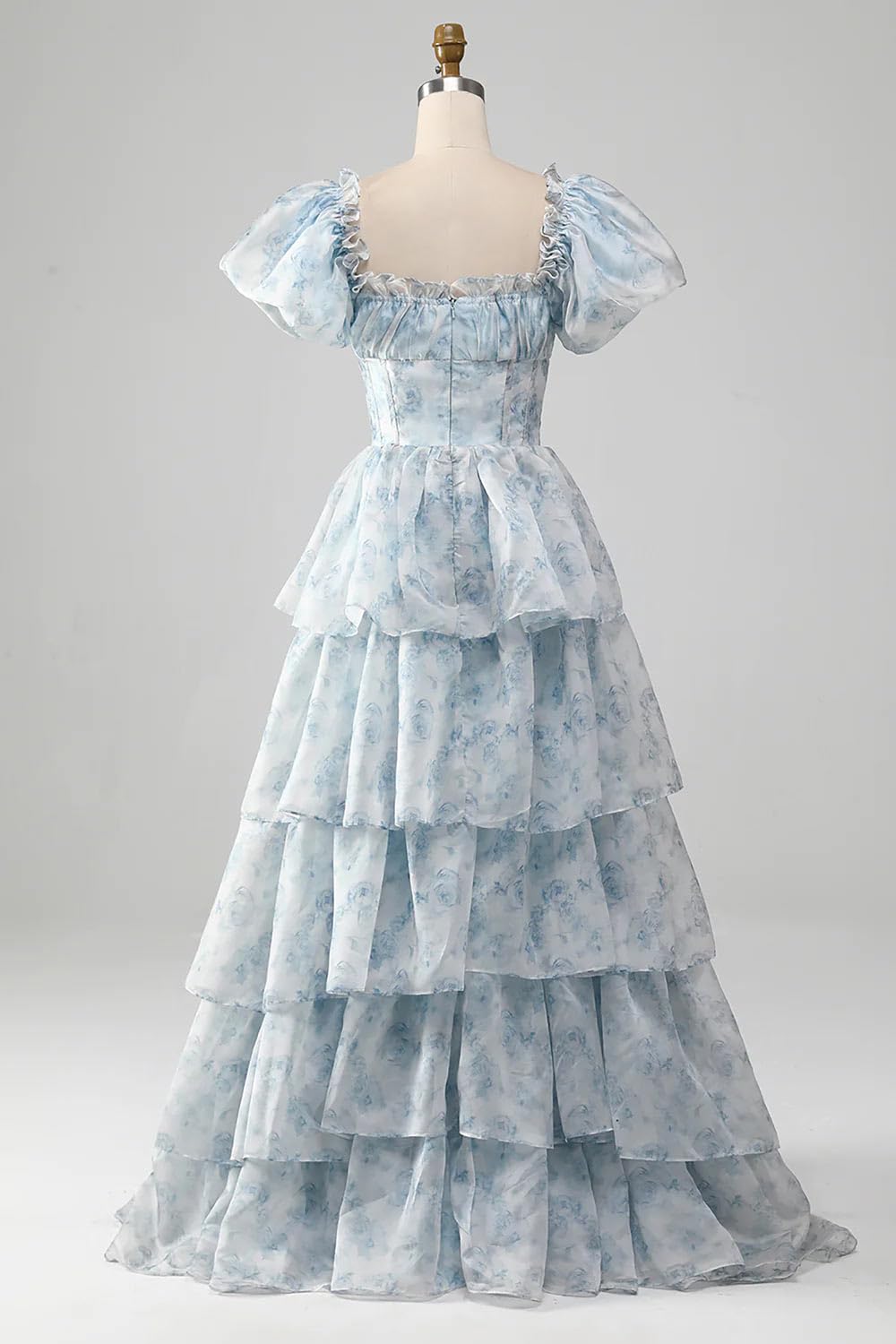 Elegant Light Blue Handmade A-Line Prom Dress with Ruffles - Square Neck Formal Evening Gown for Homecoming, Quinceañera & Special Occasions
