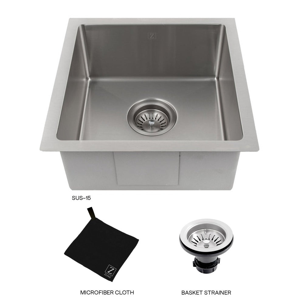 ZLINE Boreal 15-Inch Undermount Single Bowl Stainless Steel Kitchen Sink - SUS 15 - Perfect for Bar, Prep, and Small Space Kitchens