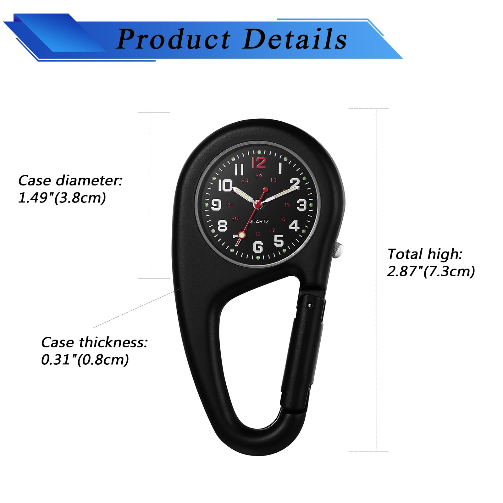 Clip on Watch Carabiner - Glow in The Dark Waterproof Pocket Watch for Men & Women | Perfect for Doctors, Nurses, Hiking & Outdoor Activities | Novelty Fob Watch with Carabiner Clip