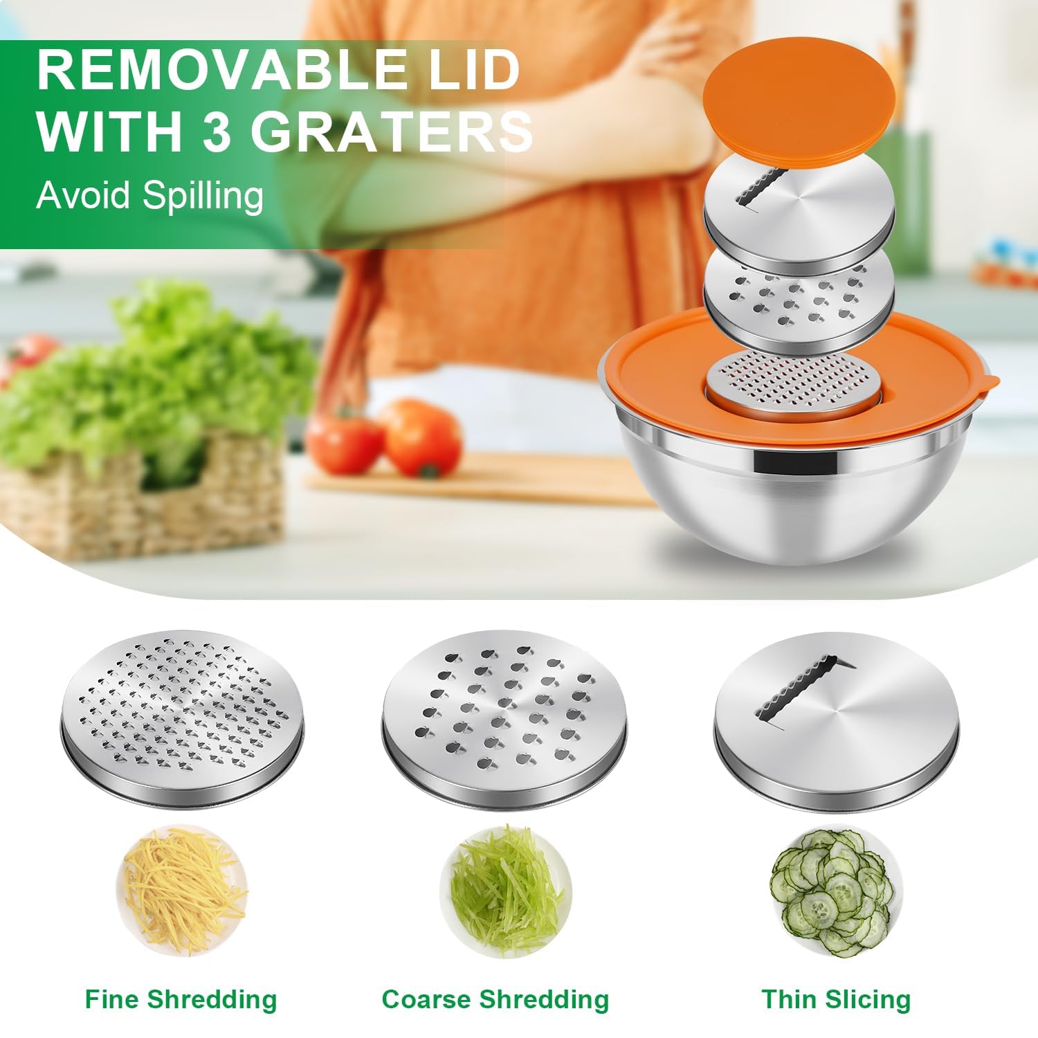 Premium Stainless Steel Mixing Bowls Set with Airtight Lids (5.5QT,4.2QT,3.5QT,2.5QT,1.5QT,1QT) - 21-Piece Nesting Kitchen Bowls for Baking, Cooking & Food Prep - Includes 3 Grater Attachments & Colorful Lids - Perfect for Meal Prep, Mixing Ingredients & Storing Leftovers