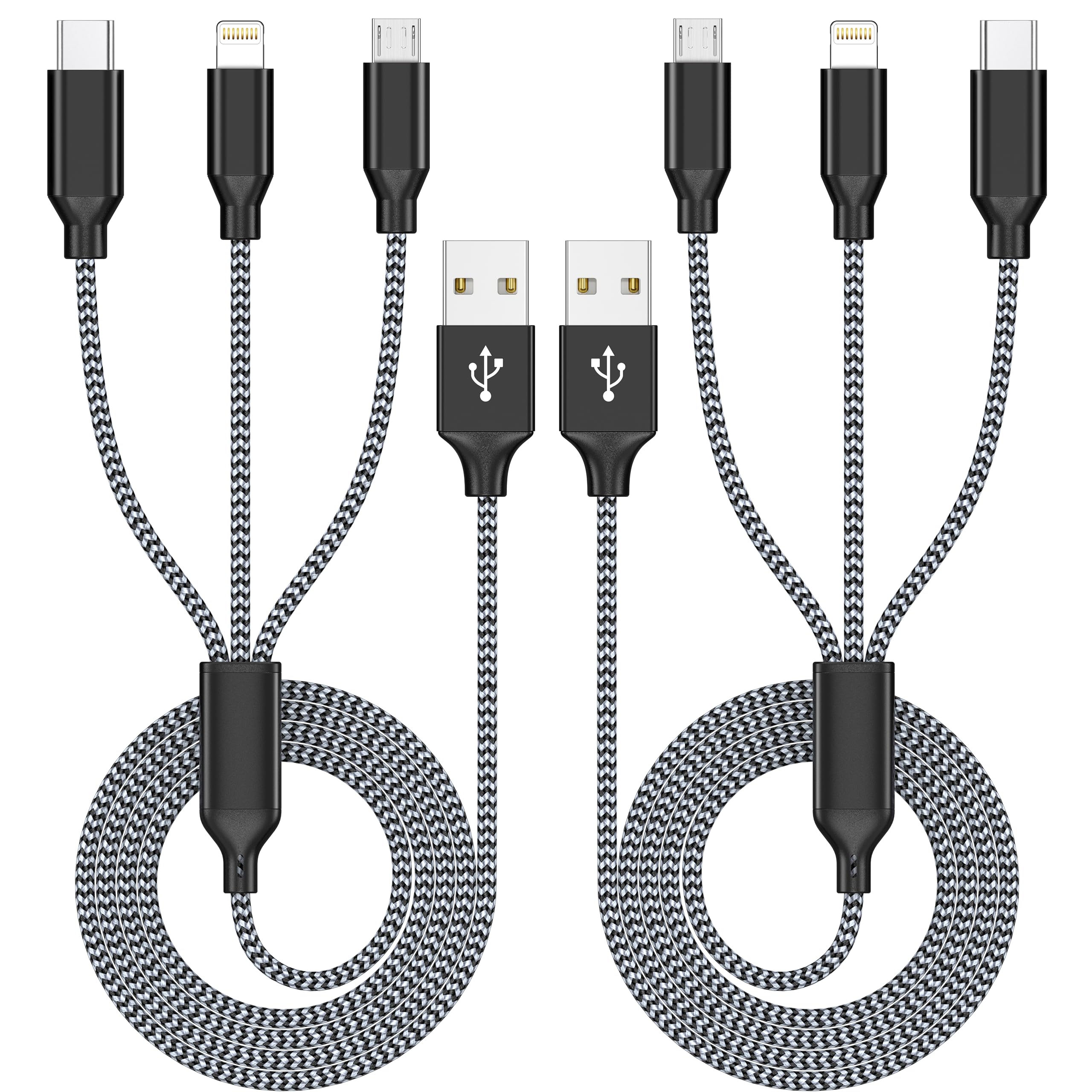 MFi Certified 4ft 2-Pack 3-in-1 Lightning Charging Cable - Fast Charging Cord for iPhone, Type C & Micro USB - Perfect for Home, Office & Travel Accessories