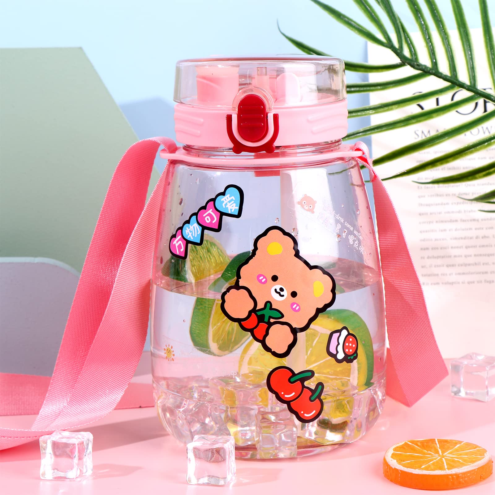 44oz Cute Water Bottle with Straw & Adjustable Strap - Leakproof Kawaii Pot Belly Bottle for Kids & Adults - BPA Free Transparent Juice Jug for School, Gym, Hiking & Outdoor Activities