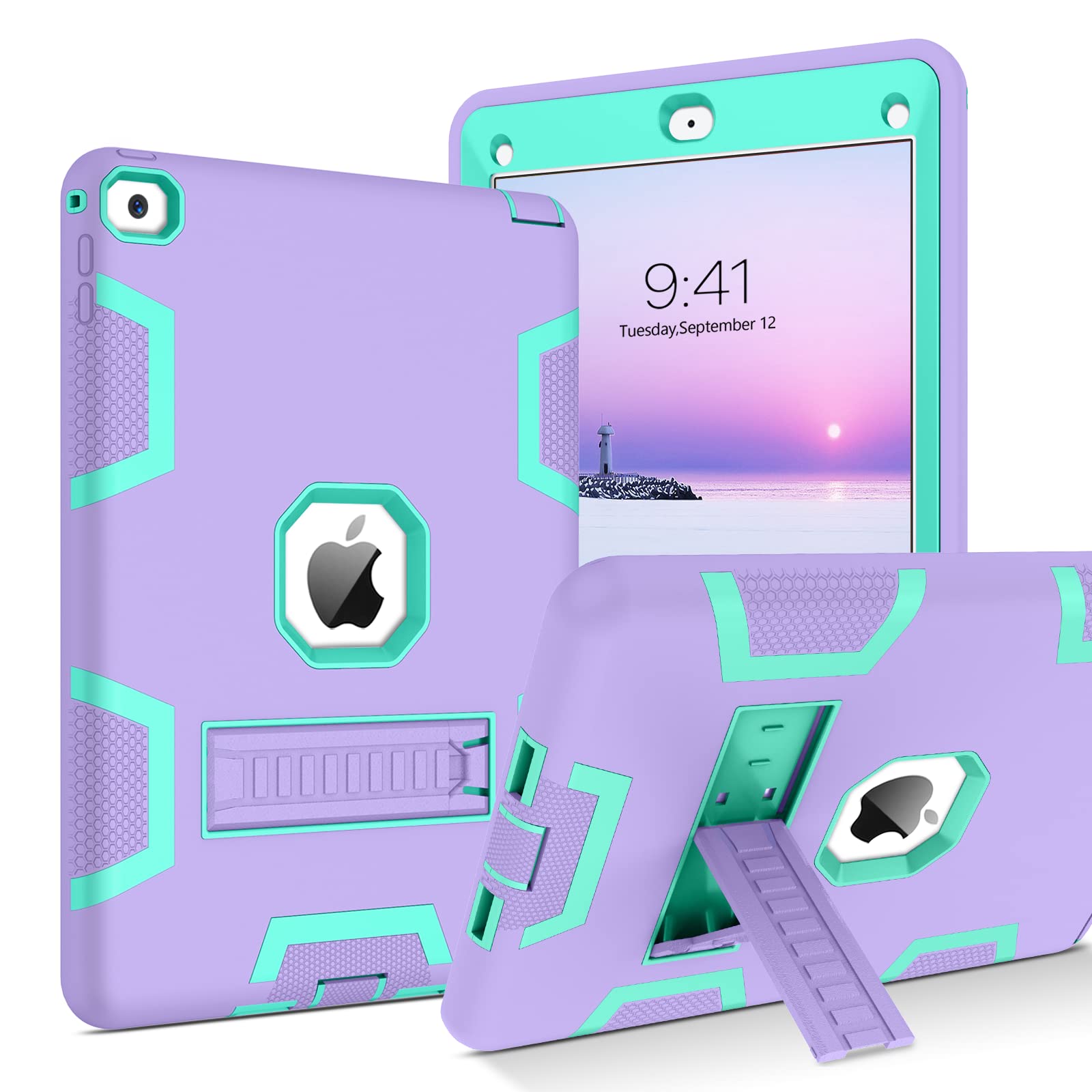 Shockproof iPad Air 2 Case (2nd Gen) - 3-in-1 Heavy Duty Protective Cover with Kickstand for A1566/A1567 (2014 Model) | Perfect for Kids, Women & Men | Purple/Green | Ideal for School, Work & Travel