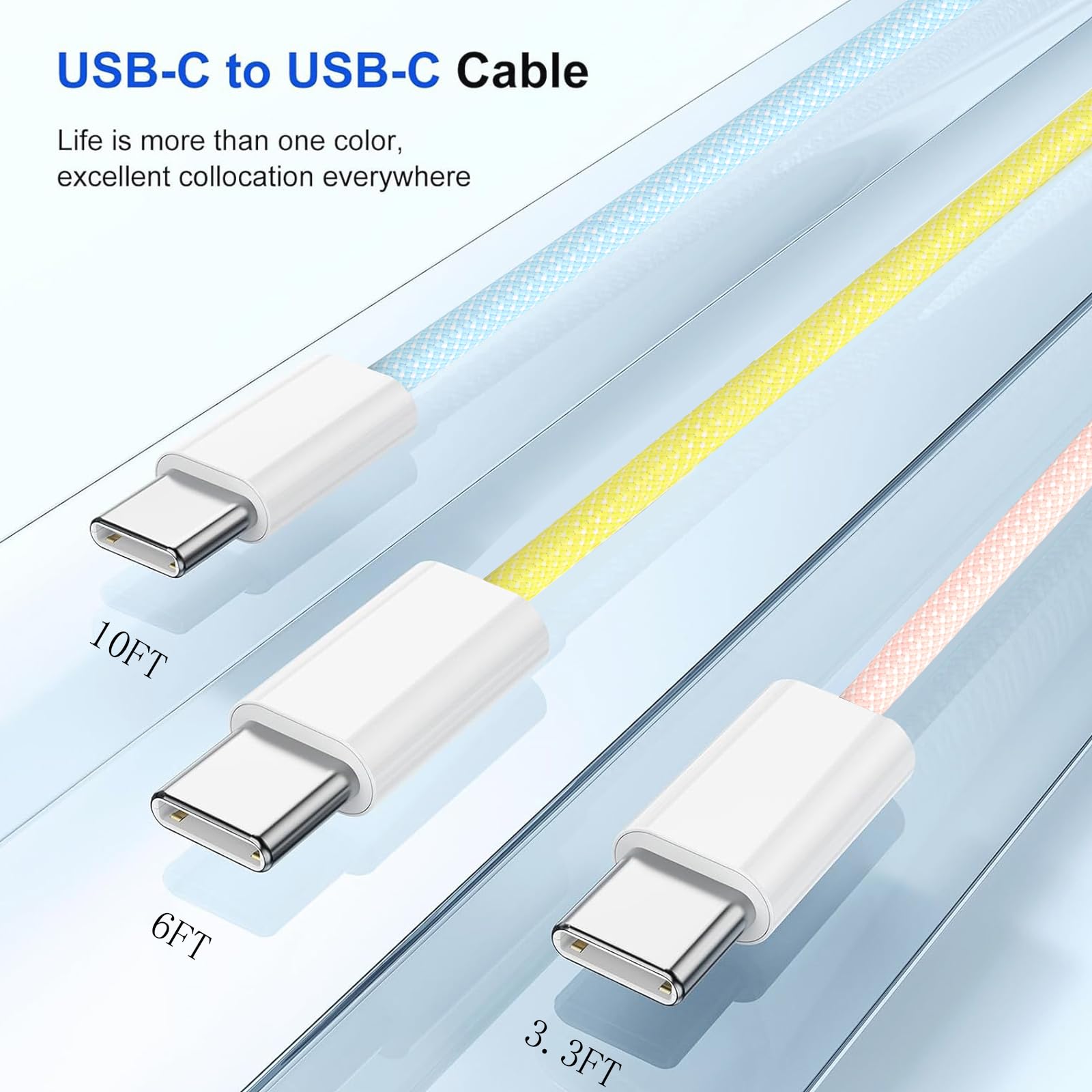 3-Pack USB C to USB C Fast Charging Cable [3.3/6/10FT] 60W Nylon Braided Type C Cable for iPhone 15/15 Pro/15 Pro Max/MacBook Air/iPad Pro/iPad Air - Perfect for Home, Office & Travel Charging