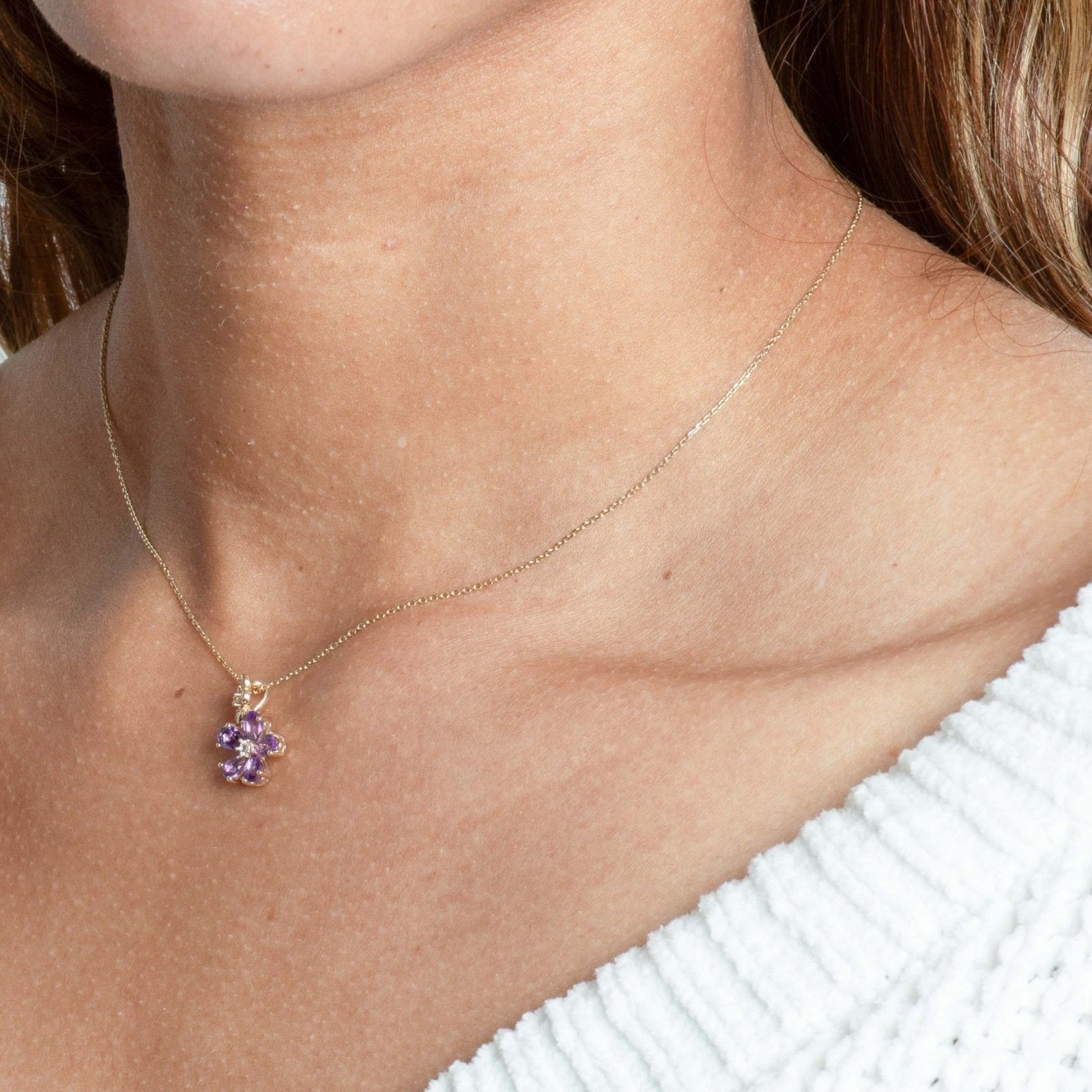 10k Yellow Gold Amethyst & White Sapphire Double Flower Drop Pendant Necklace - Elegant Jewelry Gift for Women, Perfect for Weddings, Anniversaries & Special Occasions