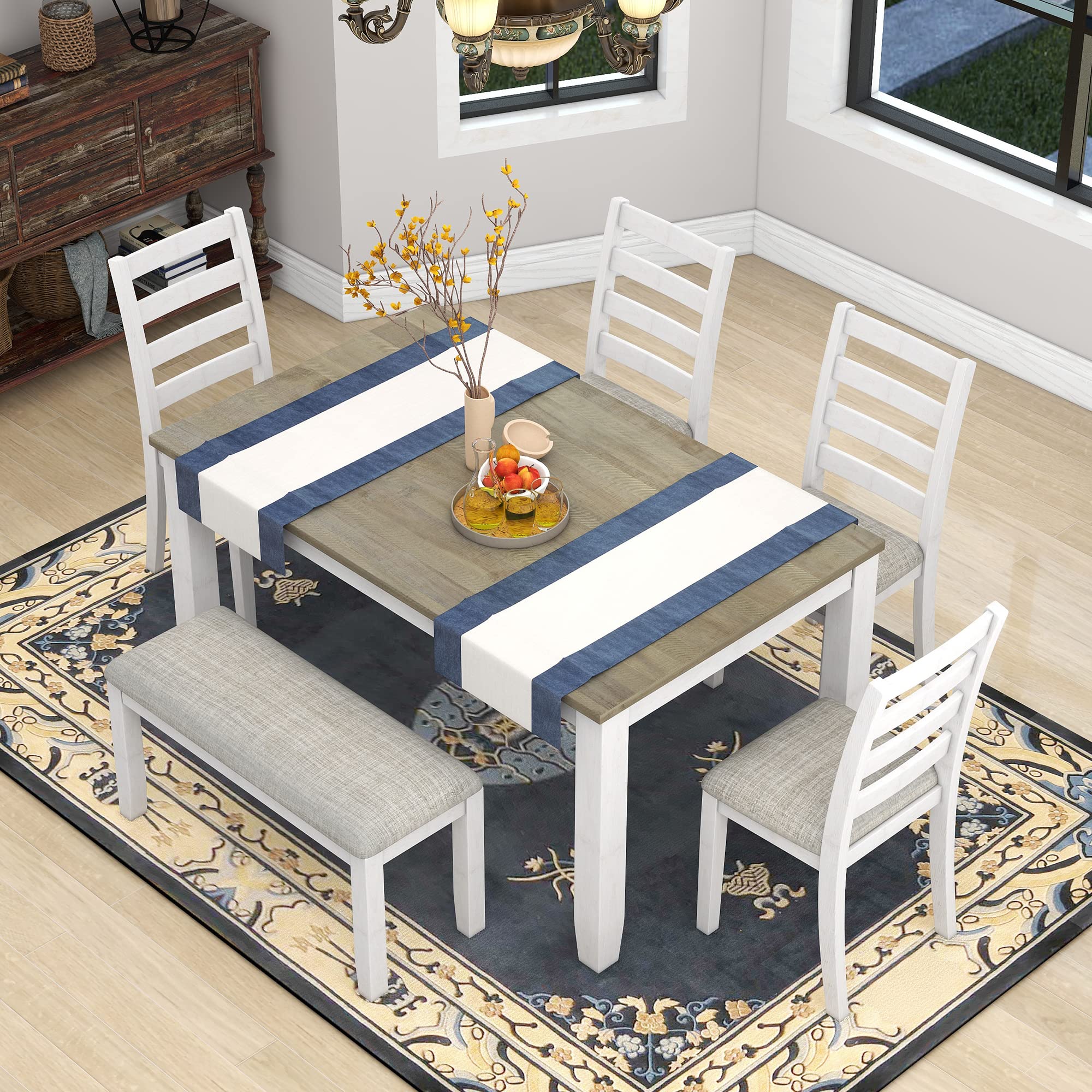 Merax 6-Piece Wooden Dining Table Set with 4 Upholstered Chairs and Bench, Brown & Whitewash Finish - Perfect for Kitchen, Dining Room, Breakfast Nook and Small Space Decor