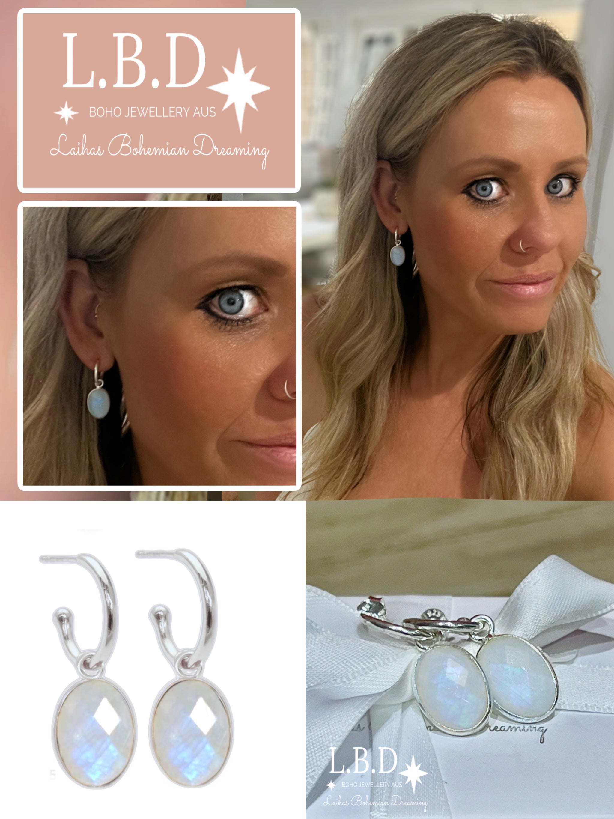 Laihas Iridescent Moonstone Hoop Earrings for Women - Elegant Dangle Jewelry for Party, Wedding & Everyday Wear - Hypoallergenic Sterling Silver Earrings