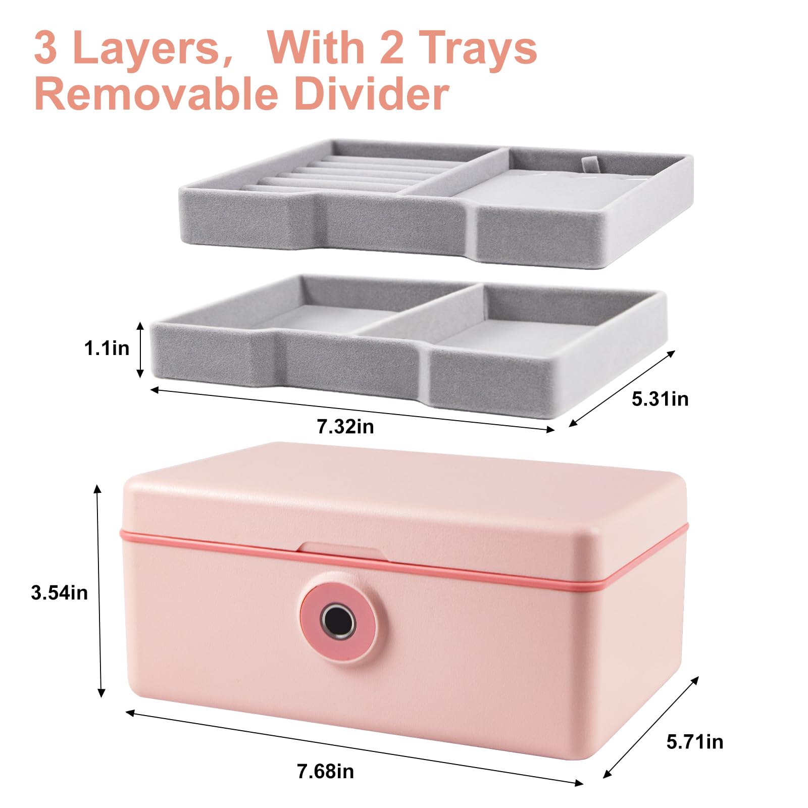 3-Layer Fingerprint Safe Storage Box - Large Capacity Portable Jewelry Organizer with Security Lock for Women & Girls - Ideal for Home, Office, School, Travel & Gifts (Pink, 2 Trays) - Perfect for Storing Cash, Valuables & Personal Items Securely