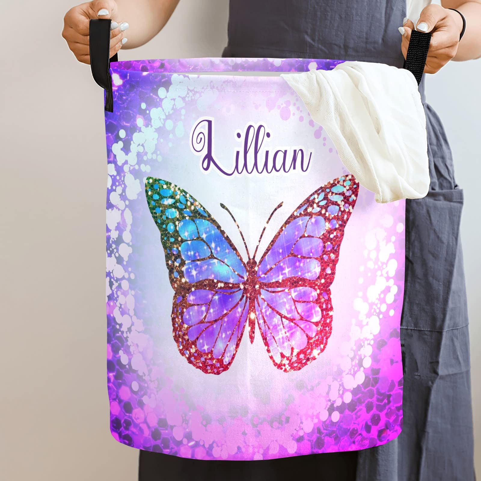 Custom Personalized Purple Butterfly Laundry Basket with Handles - Waterproof Collapsible Clothes Hamper for Bedroom & Bathroom - Large Capacity Storage Organizer for Home, Dorm, Laundry Room Decor