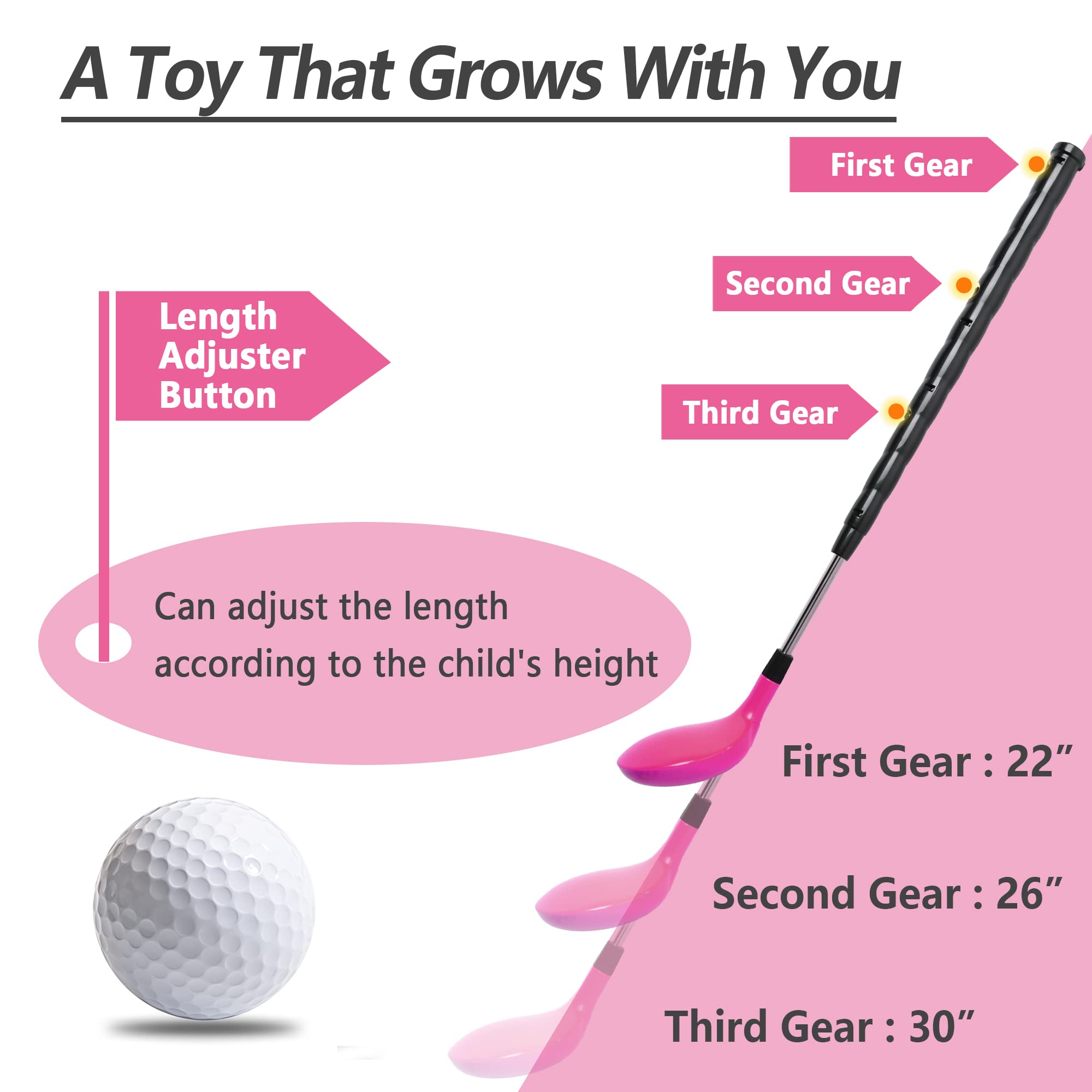 iPlay iLearn Pink Golf Toys Set for Girls & Boys - Adjustable Left & Right Handed Kids Golf Clubs - Outdoor Sports Toys for Ages 3-8 - Indoor/Backyard Golf Game - Active Exercise & Birthday Gift for Toddlers (Perfect for Backyard Play, Birthday Parties & Preschool Sports Activities)