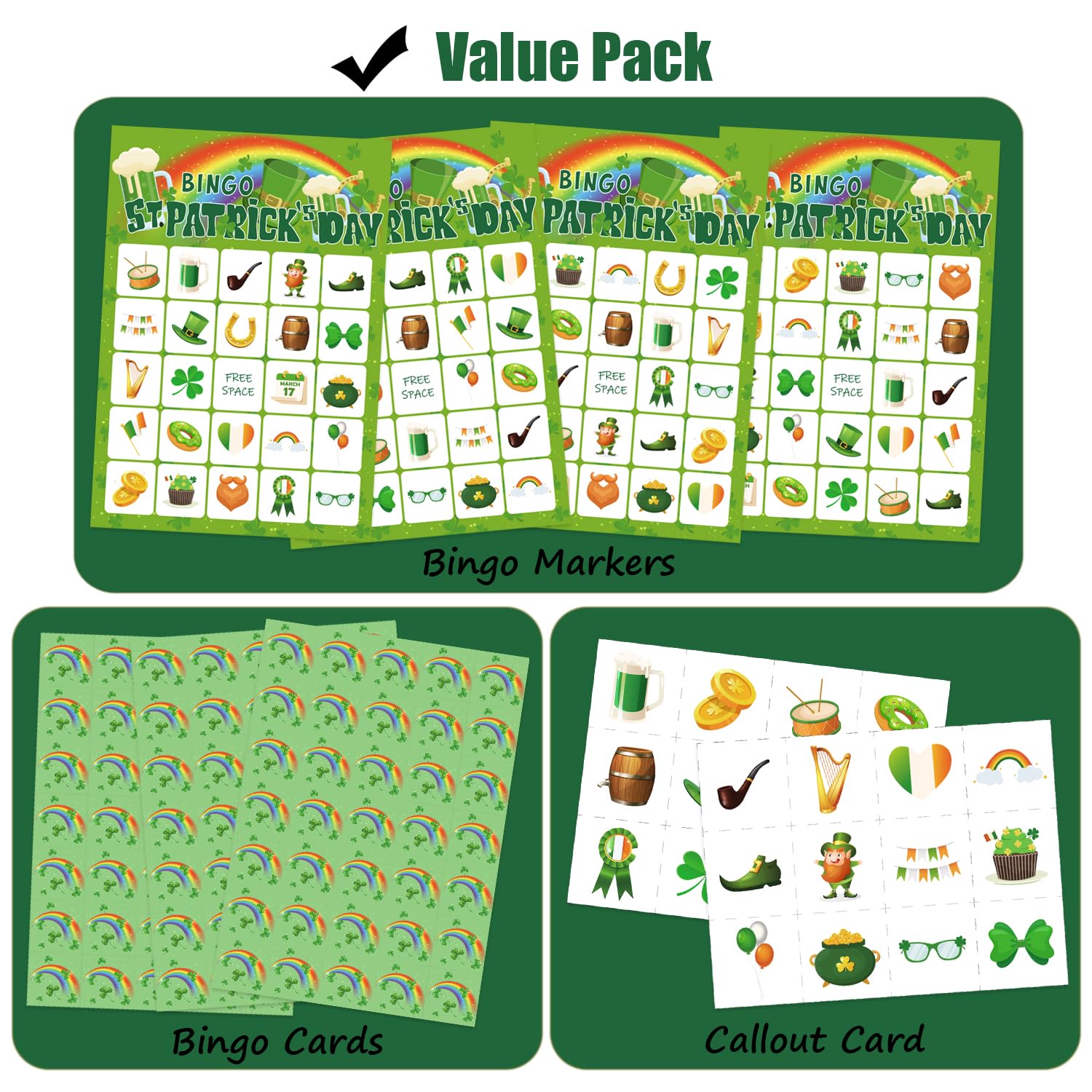St Patricks Day Bingo Game for 24 Players - Kids Party & Classroom Activity