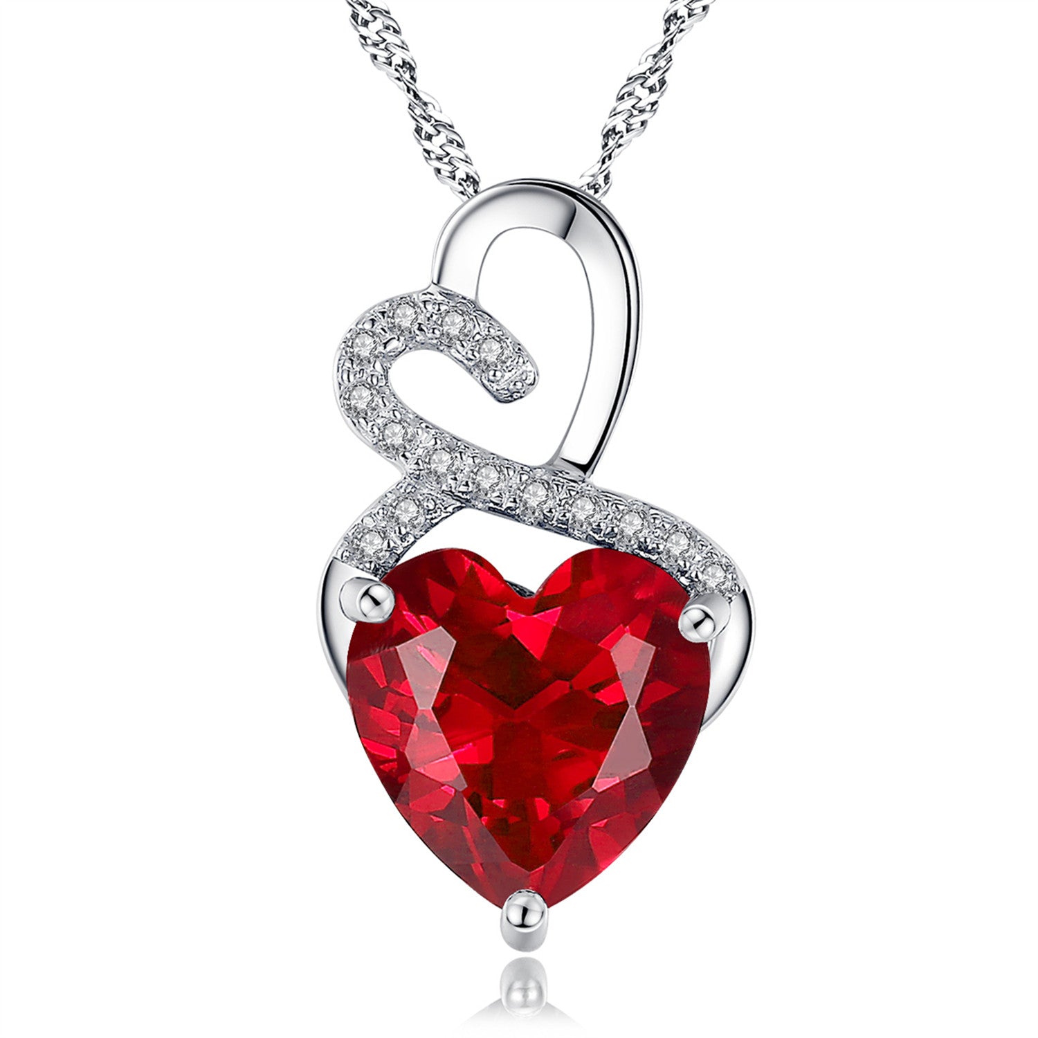 Authentic Sterling Silver Double Heart Simulated Birthstone Pendant Necklace for Women | Elegant Jewelry Gift for Her | Perfect for Anniversaries, Birthdays & Valentine's Day