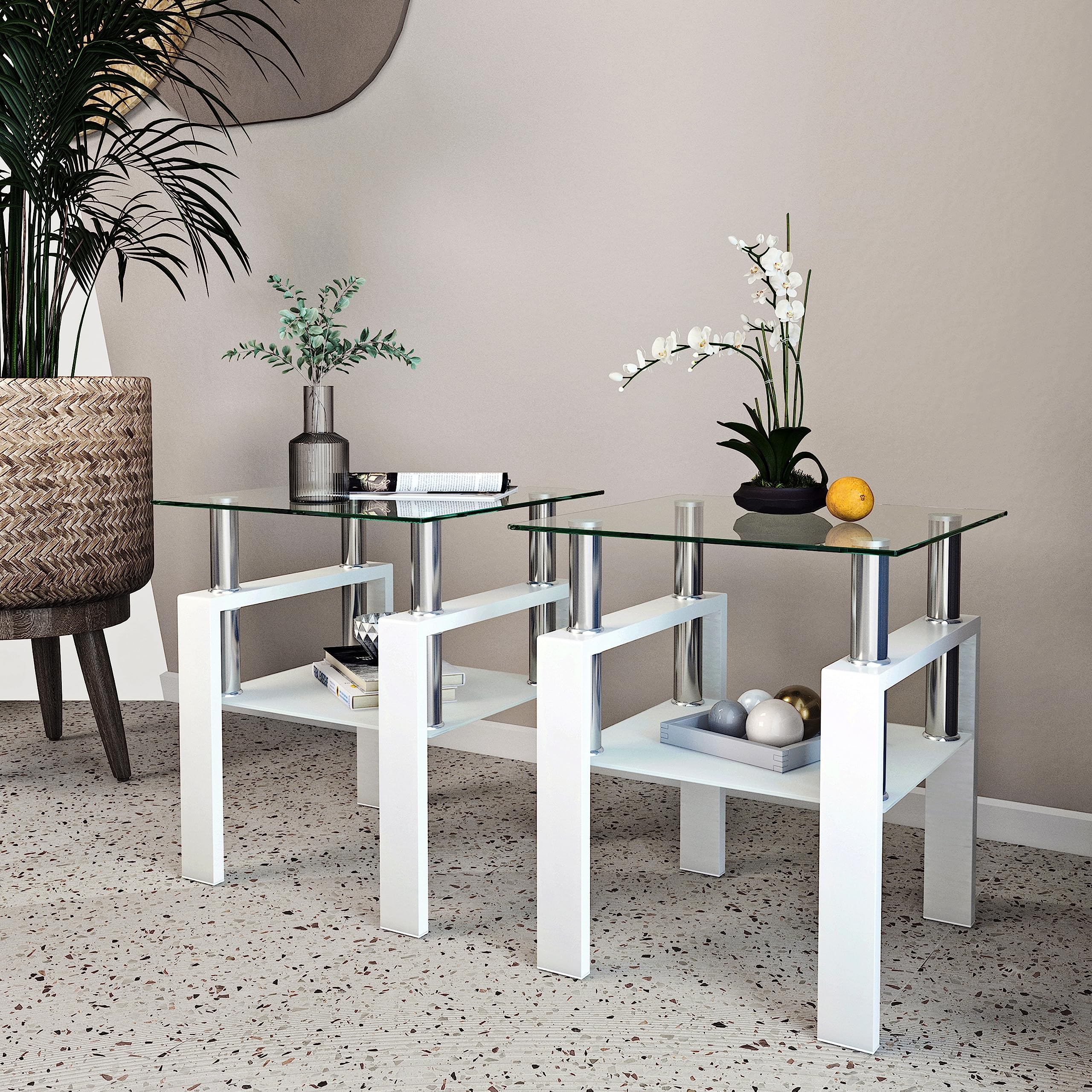 3 Piece Modern Glass Coffee Table Set with Tempered Glass Top & Sturdy Metal Legs - Includes Coffee Table and 2 End Tables - White Legs & Clear Glass - Perfect for Living Room, Bedroom or Office Furniture (Style 1)