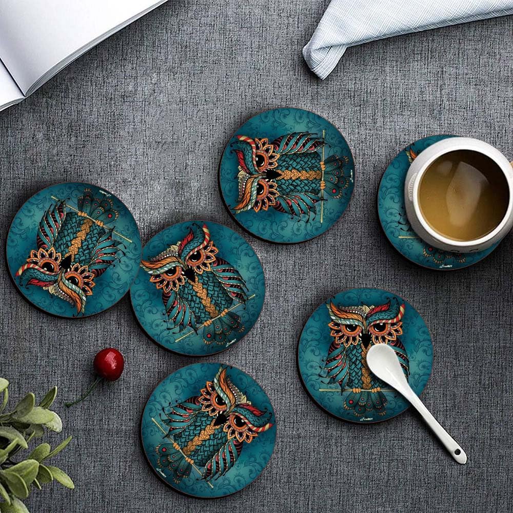 Premium Drink Coasters Set of 6 - Elegant Owl Art Printed MDF Coasters for Coffee Tables, Bars & Home Decor | Perfect Housewarming Gift for Kitchen, Apartment & Wooden Table Protection