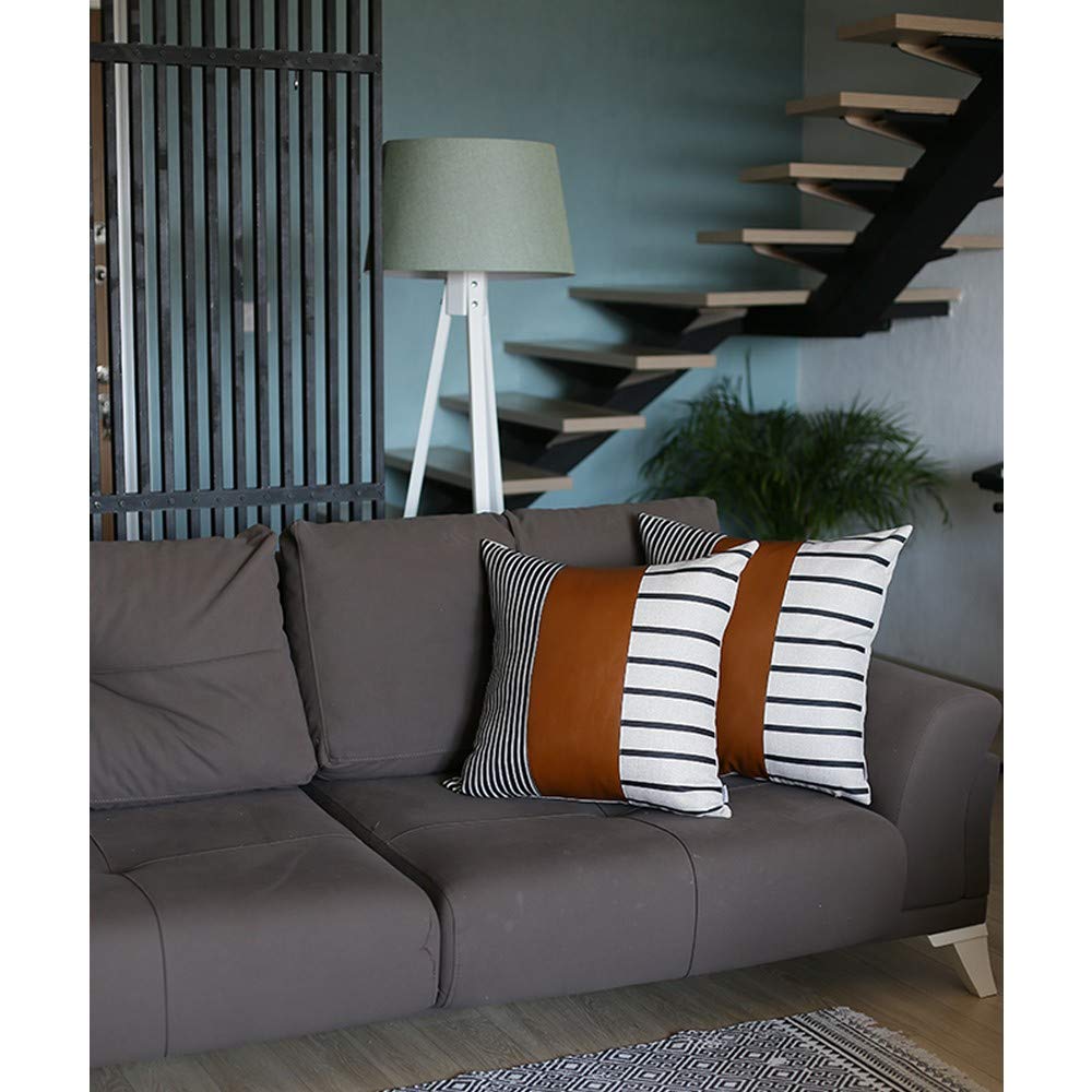 Premium Set of 2 Black & White Striped & Brown Faux Leather Decorative Pillow Covers - Modern Farmhouse & Boho Chic Home Decor for Sofa, Bed, Living Room