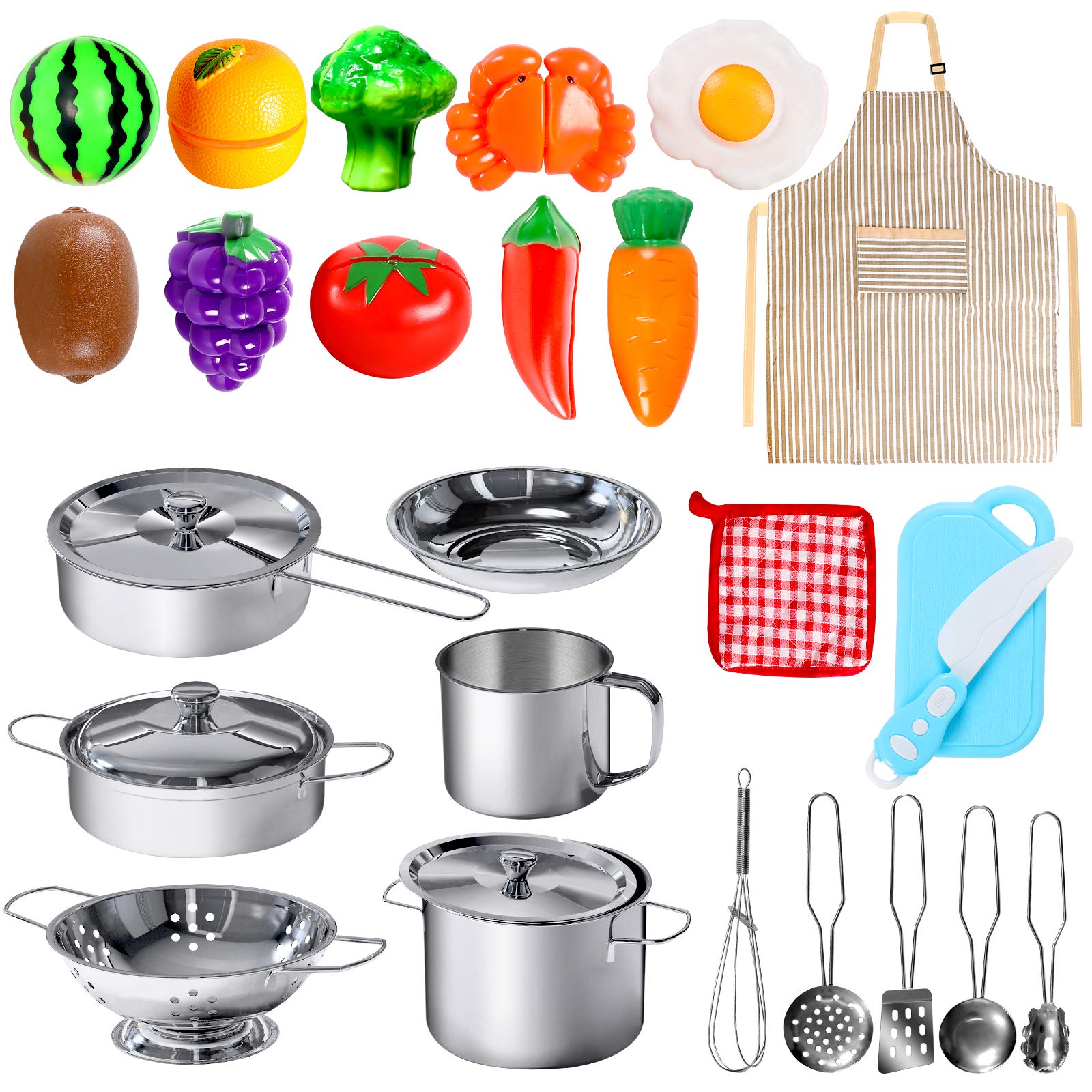 28Pcs Pretend Play Kitchen Toys Set - Stainless Steel Cookware & Accessories for Kids, Toddlers, Boys & Girls - Perfect for Role Play, Birthday Gifts & Early Learning Development