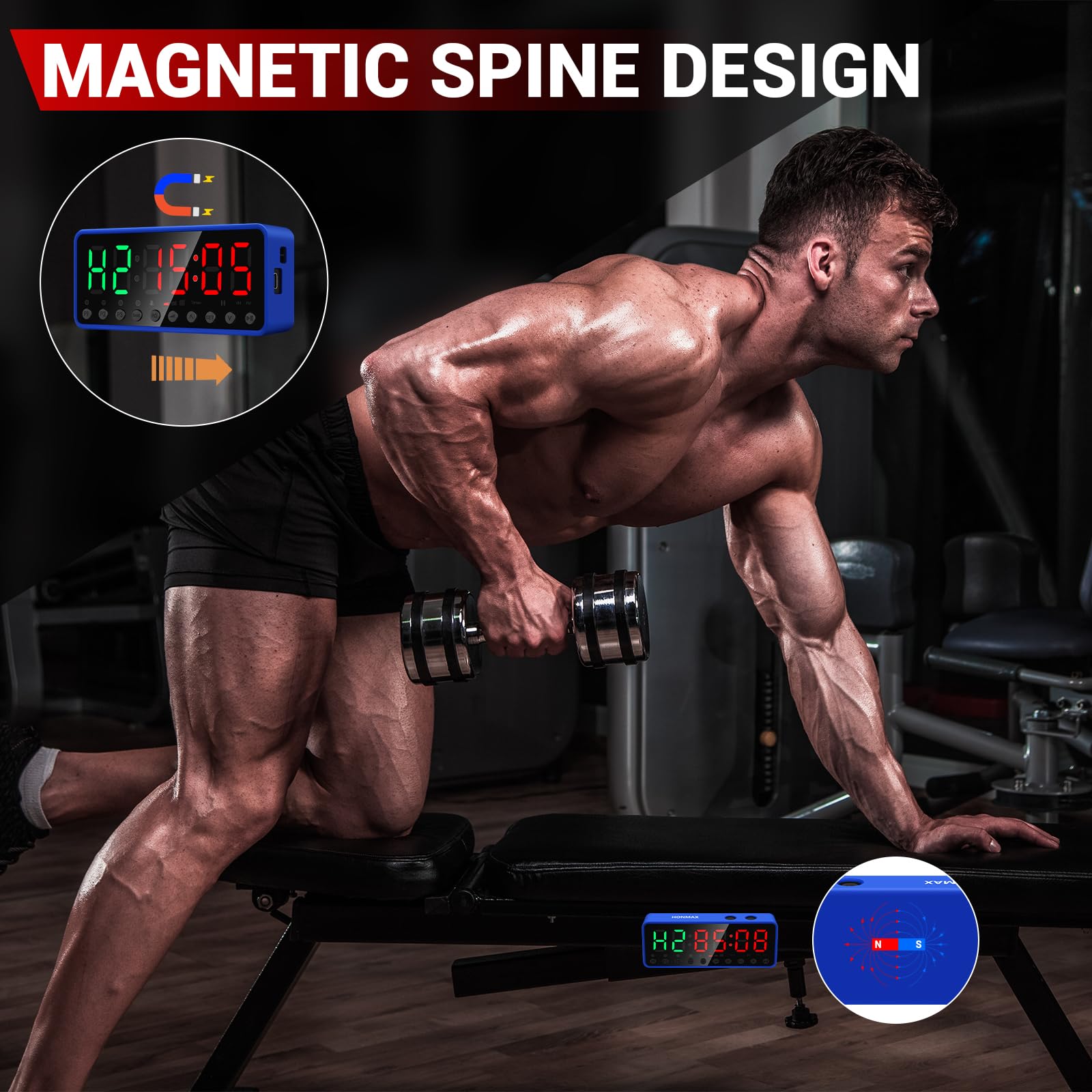 Portable Gym Timer with Large LED Display - Digital Workout Timer for Home & Garage Gym - Built-in Strong Magnet, Lithium Battery & Beat Function - Ideal for CrossFit, HIIT, Boxing & Fitness Training