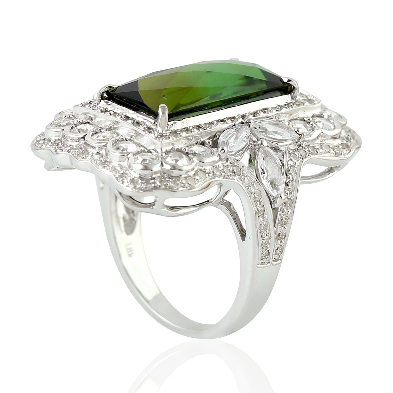 Exquisite Green Tourmaline & Rose Cut Diamond Cocktail Ring in 14K White Gold - Perfect for Evening Parties, Weddings & Special Occasions