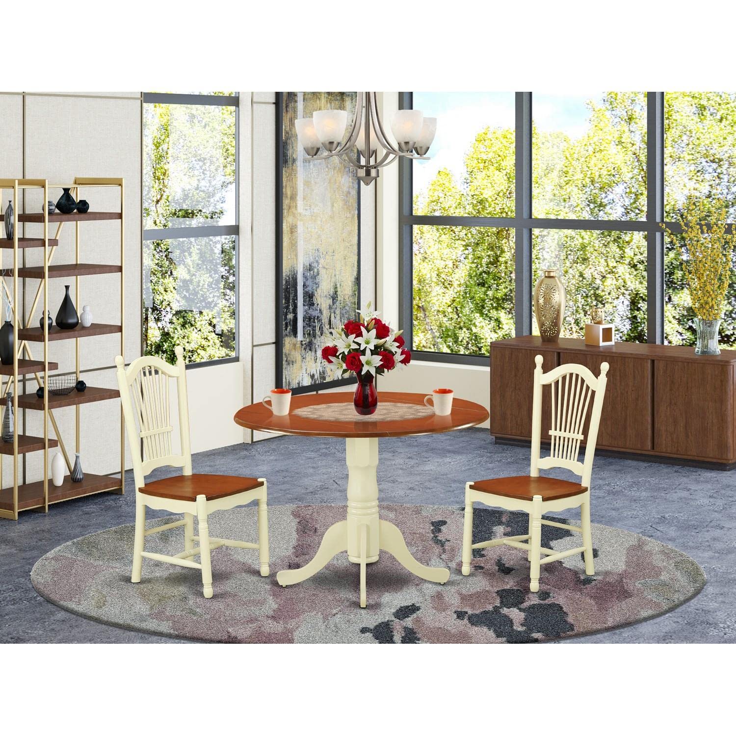 East West Furniture DLDO3-BMK-W 3-Piece Dining Room Set - Round Drop Leaf Kitchen Table with 2 Chairs, 42x42 Inch, Buttermilk & Cherry Finish - Perfect for Small Spaces, Breakfast Nooks & Cozy Apartments