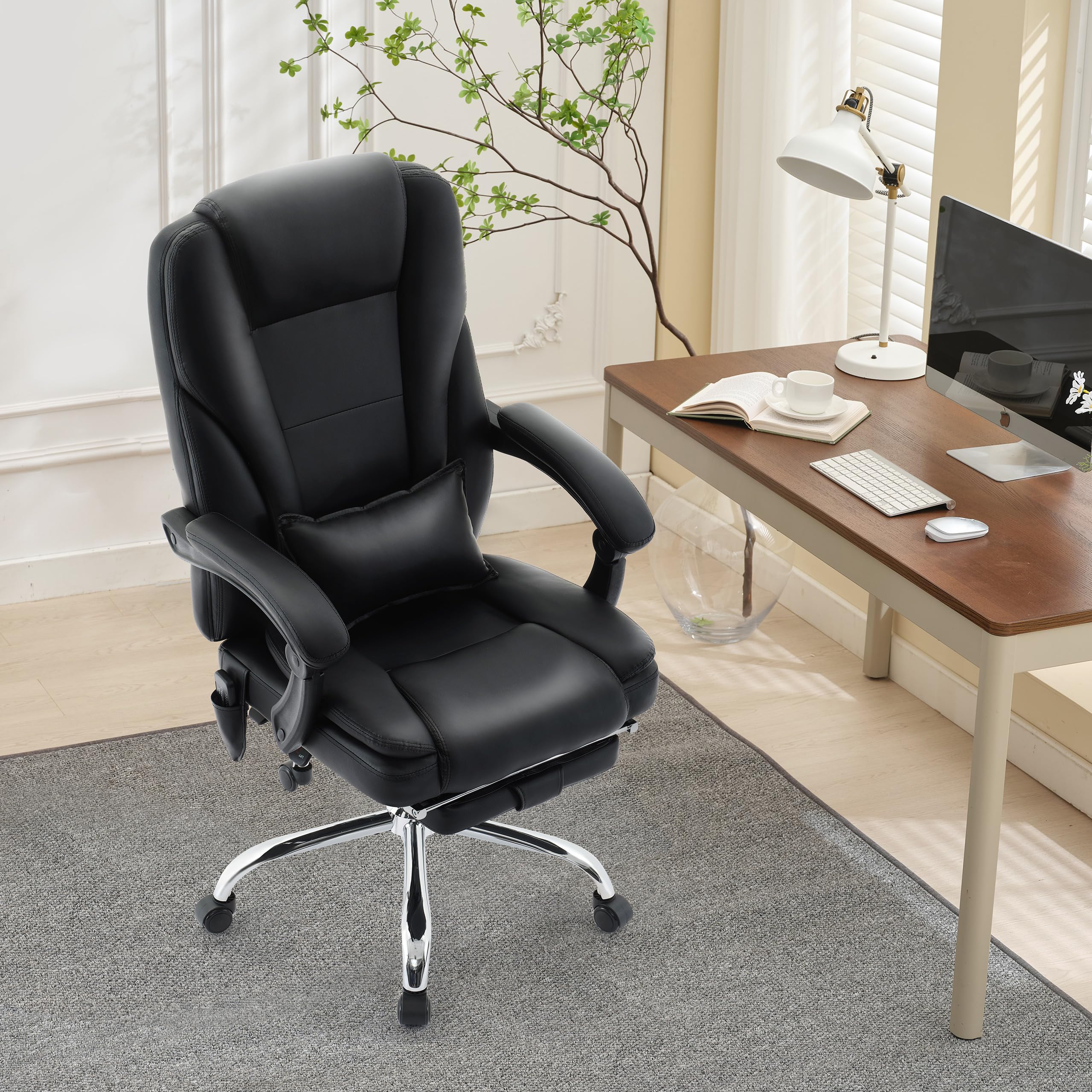 Premium Ergonomic Executive Office Chair with Massage & Heat - 500LBS Capacity PU Leather Reclining Chair with Wide Seat, Footrest & Lumbar Support - Perfect for Home Office, Gaming & Workspace Comfort (Black)