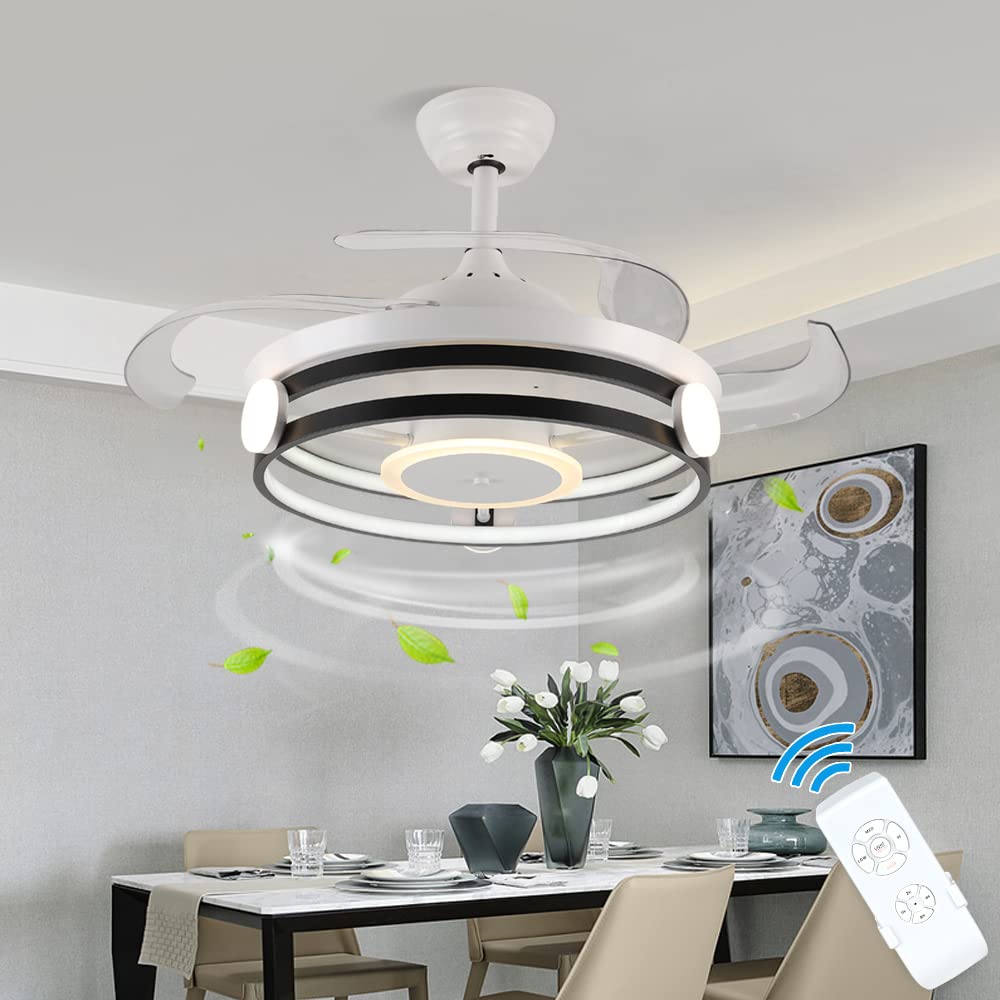 35 Inch Retractable Bladeless Ceiling Fan with Remote Control - 30W LED Light, 3 Speed Settings, Timer Function & 3 Color Options - Ultra Quiet Modern Ceiling Fan for Kitchen, Bedroom, Living Room - FCC Certified | Perfect for Home Cooling & Ambient Lighting