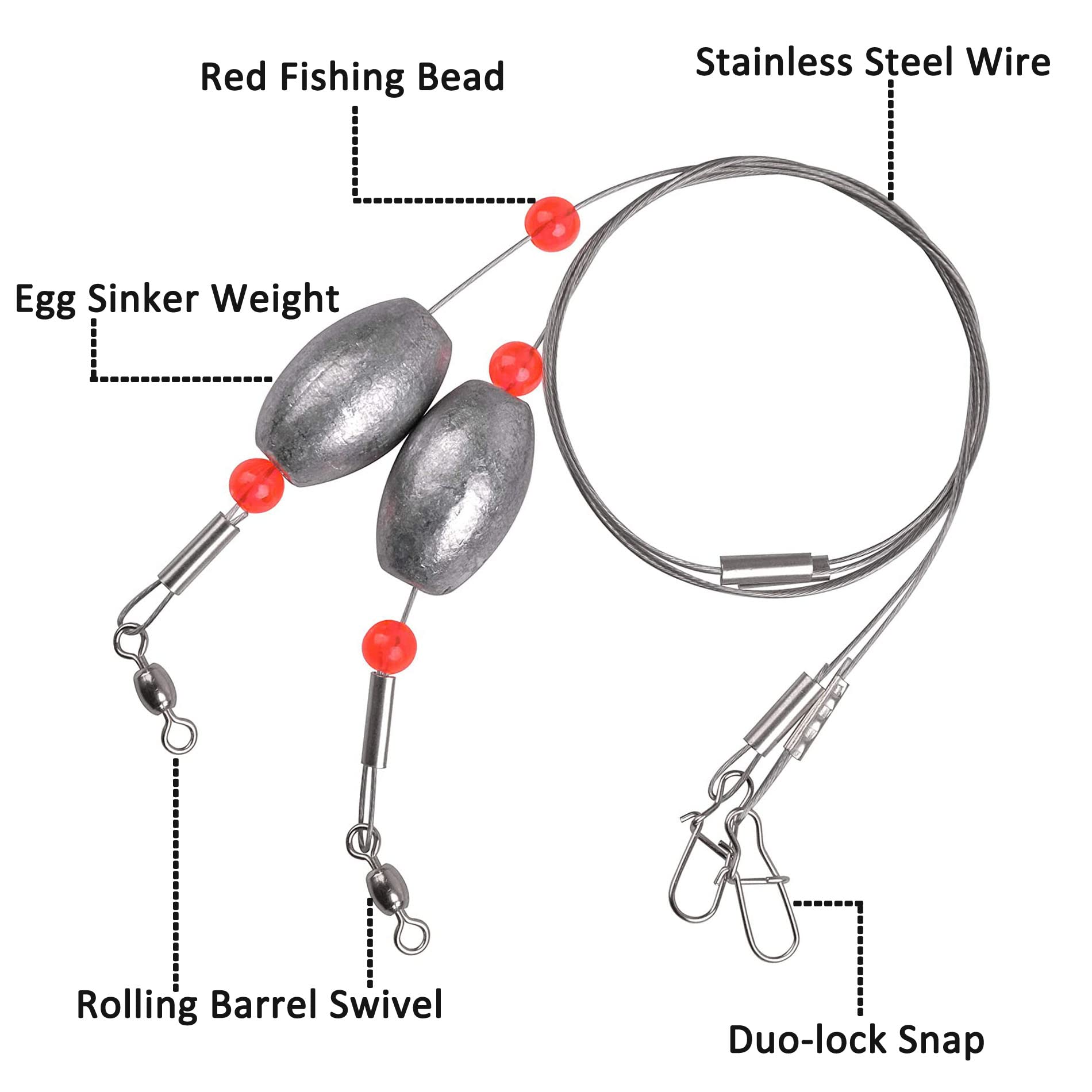 6pcs Saltwater Fishing Egg Sinker Weight Rigs with Wire Leader, Swivels & Snap - Ideal for Flounder, Grouper Bottom Fishing | Perfect for Deep Sea & Shoreline Angling