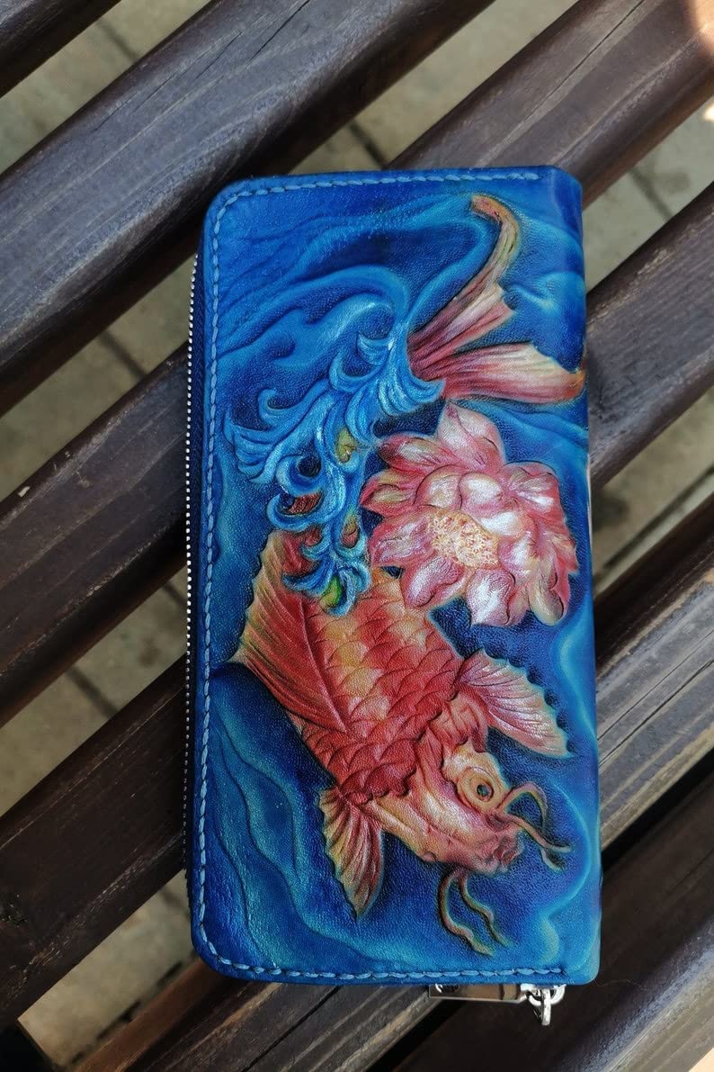 Handcrafted Genuine Leather Koi Fish Wallet - Long Biker Travel Wallet with Custom Carved & Painted Design - Personalized Embossed & Tooled Clutch for Men & Women - Perfect for Daily Use, Travel & Motorcycle Riders