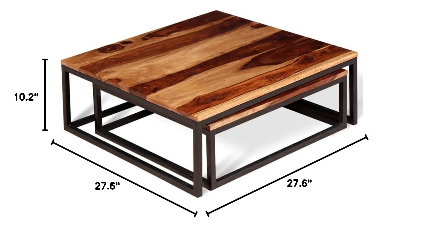 Industrial Style Nesting Coffee Table Set - 2-Piece Solid Sheesham Wood Side Tables for Living Room | Modern Couch End Table, Tea Table, Low Coffee Table | Perfect for Small Spaces, Apartments & Cozy Home Decor