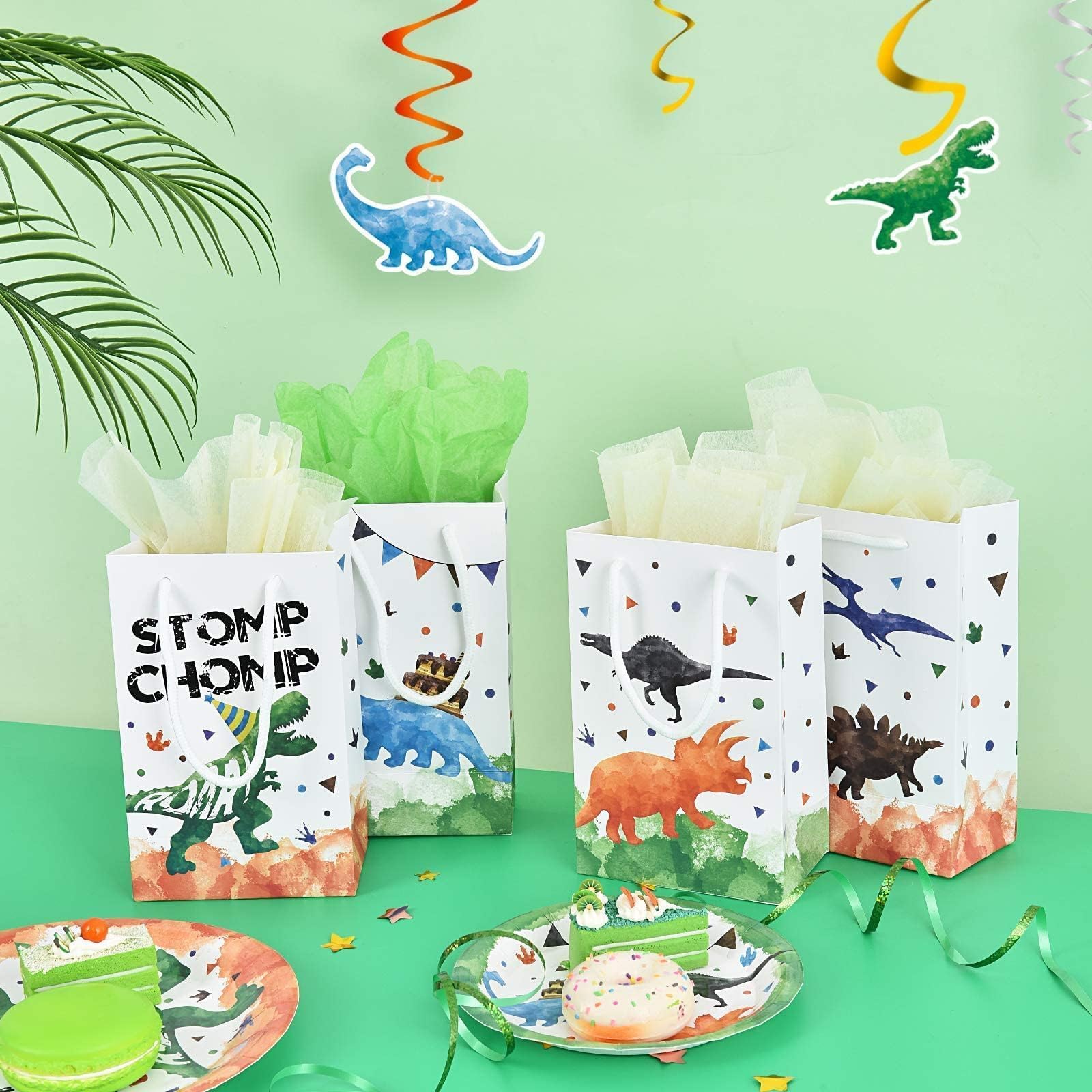 WERNNSAI 16 Pack Dinosaur Party Favor Bags with Handle - Dino Theme Party Supplies for Kids, Boys Birthday, Candy Treat Goodie Bags | Perfect for Dinosaur Birthday Parties, Classroom Rewards & Halloween Treat Bags