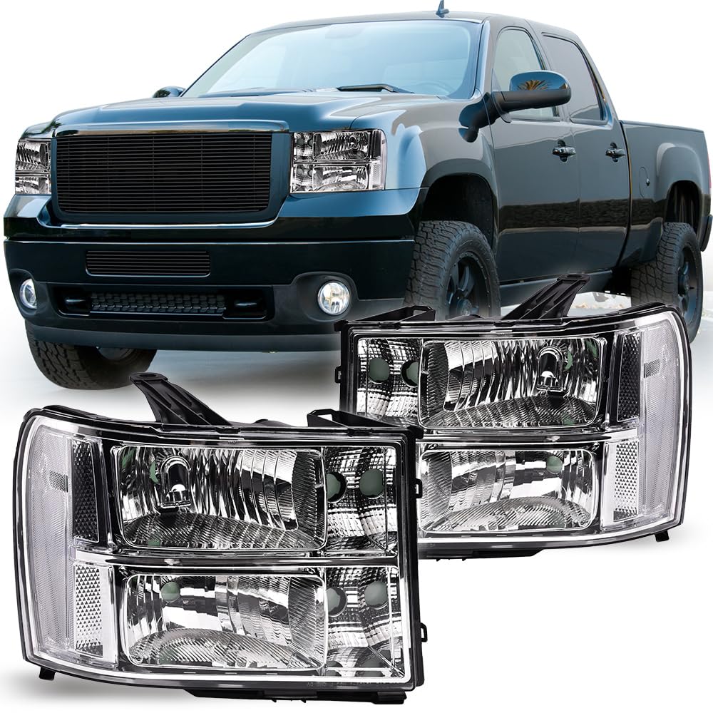 G-PLUS Headlights for GMC Sierra 1500/2500/3500HD 2007-2014 - Clear Lens Chrome Housing - Perfect for Off-Road & Night Driving