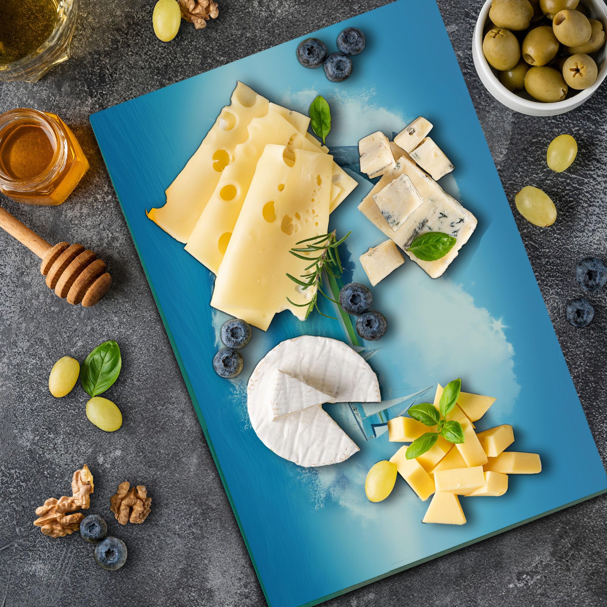 Lunarable Sea Animals Themed Heart-Shaped Tempered Glass Cutting Board - Large Blue & White Decorative Serving Board with Ocean Waves, Sailboats & Mountain Meadows Print - Perfect for Kitchen Prep, Charcuterie Display & Party Serving