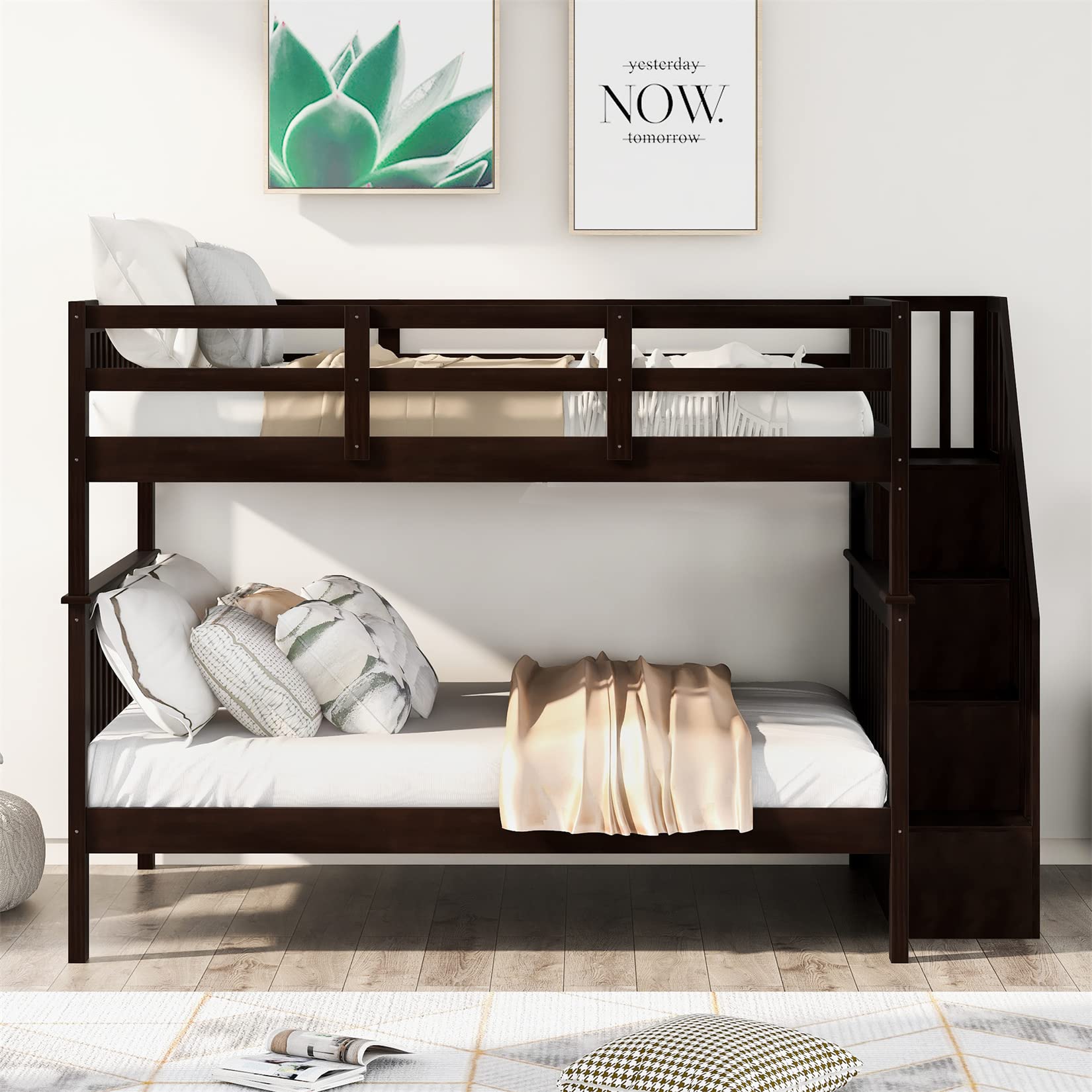 Full Over Full Bunk Beds with Shelves & Stairs - Wooden Bunk Bed Frame with Storage for Kids, Teens & Adults - Detachable Design for Boys, Girls, Women & Men - Espresso Finish - Perfect for Small Bedrooms, Guest Rooms & Shared Kids' Rooms