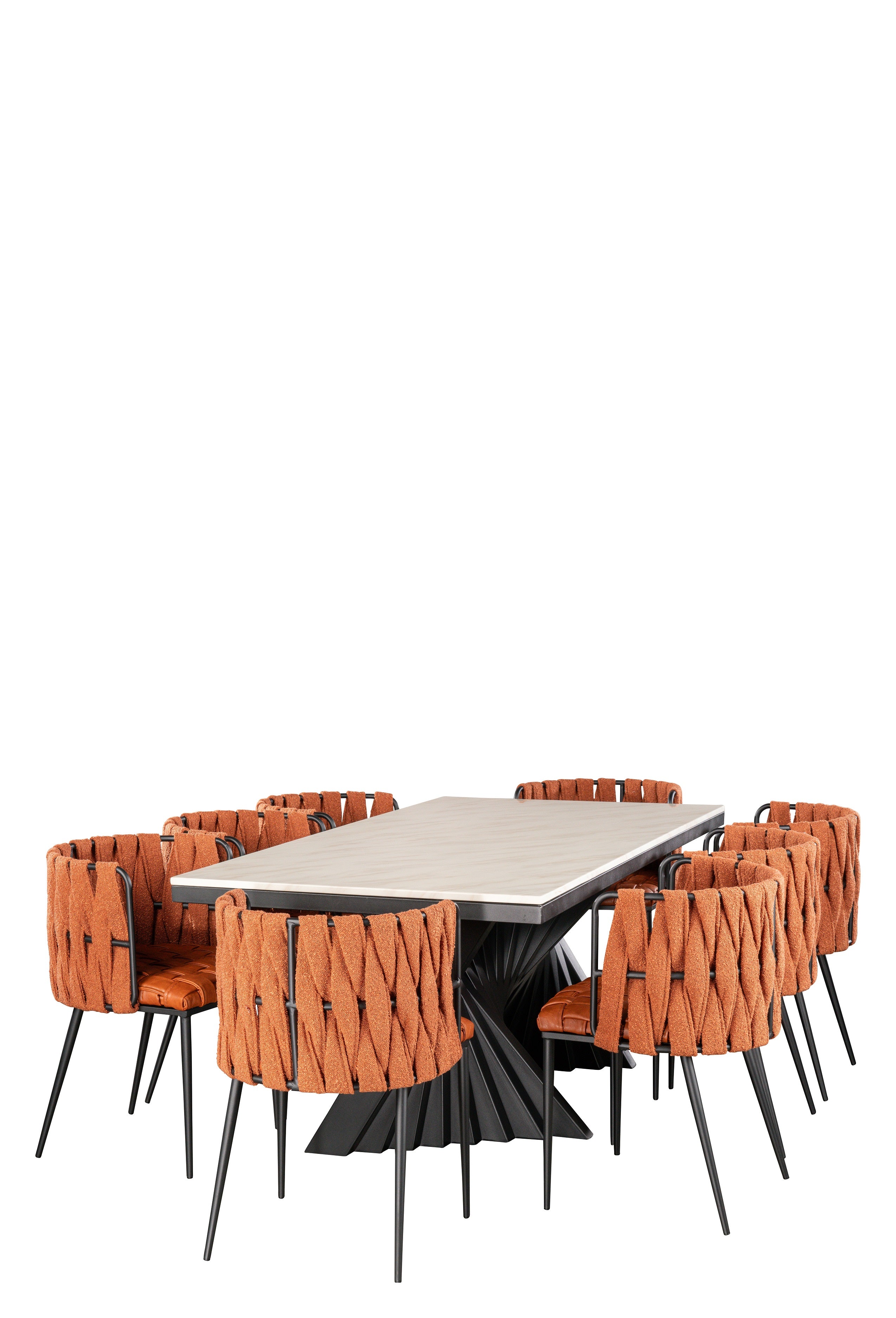 Elegant Black Waterfall Dining Table Set for 8 with Orange Upholstered Chairs - Perfect for Family Dinners & Entertaining Guests