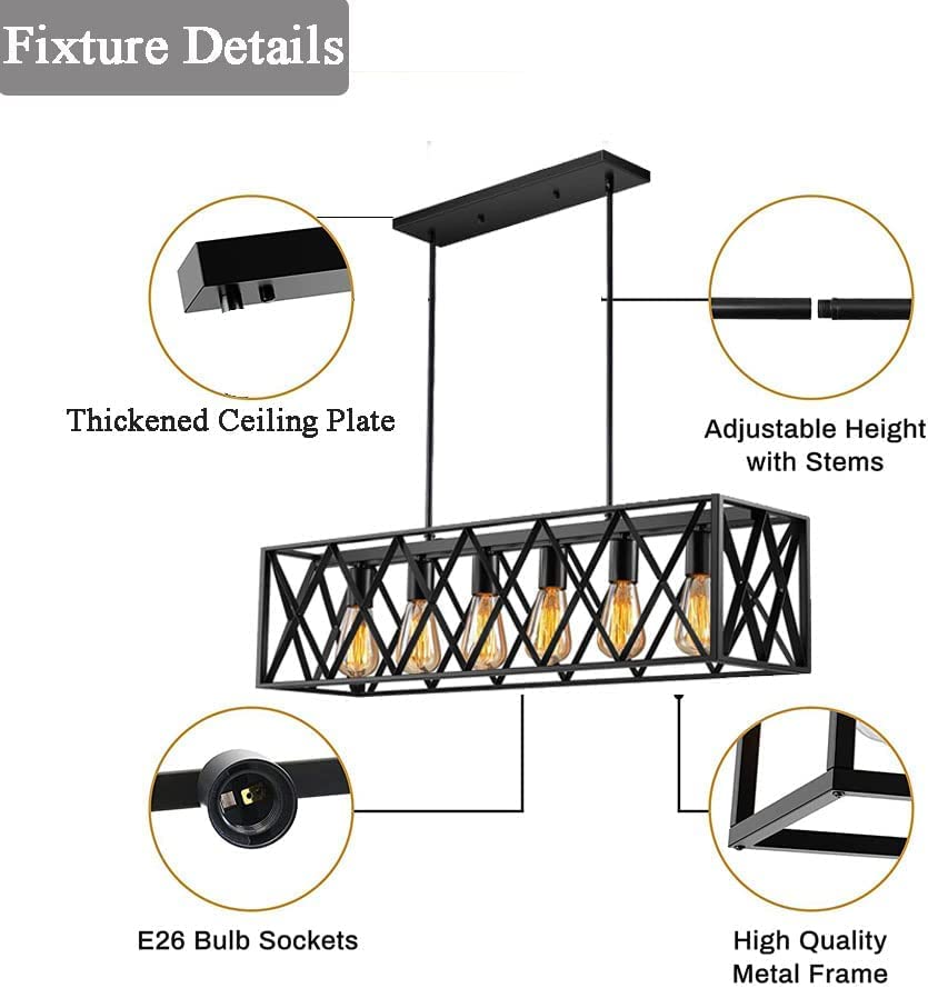 6-Light Modern Farmhouse Chandelier - Industrial Black Rectangular Pendant Light Fixture for Dining Room, Kitchen, Living Room & Bar | Rustic Ceiling Lighting for Home Decor & Commercial Spaces