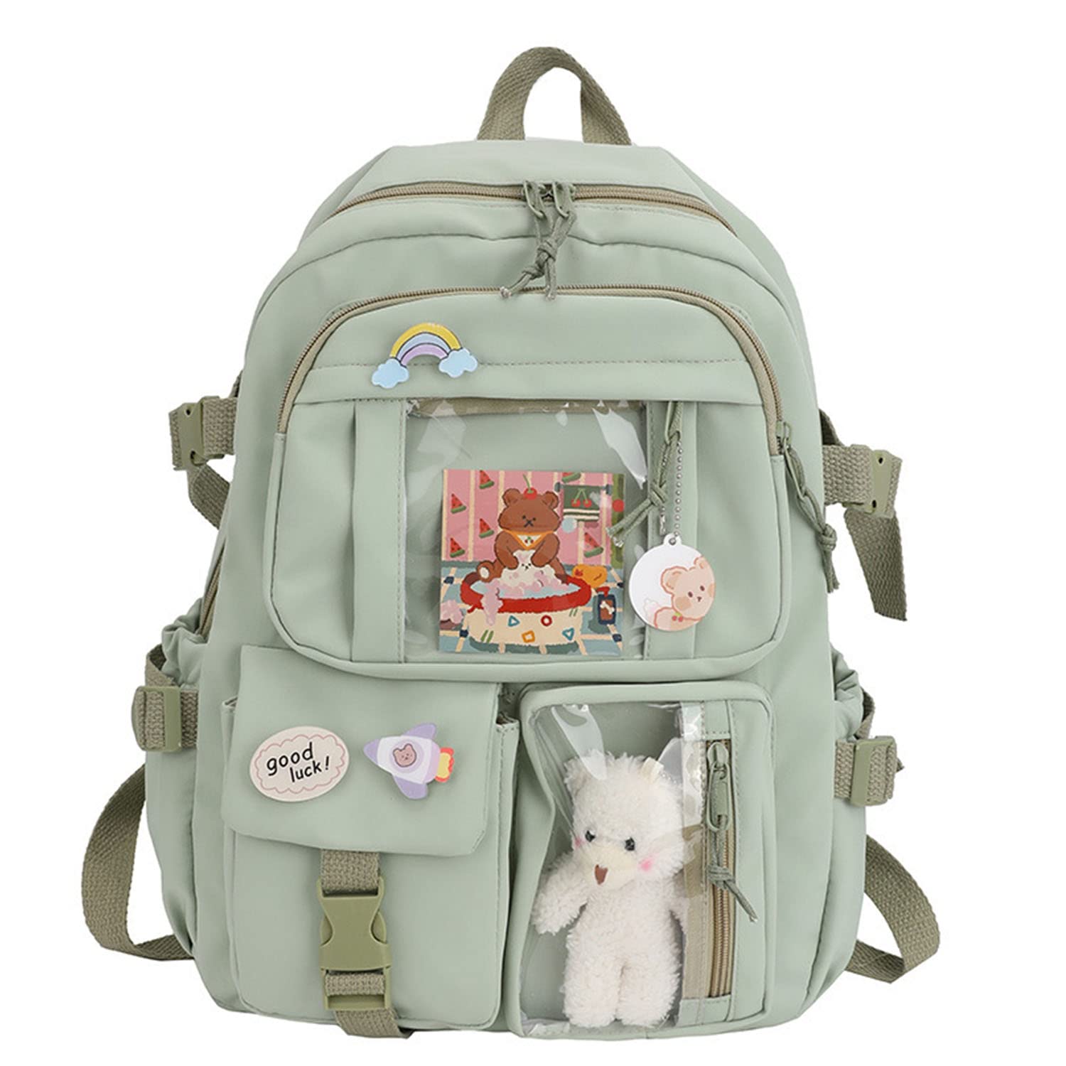 Cute Kawaii Backpack for School Girls - Large Capacity Sage Green Backpack with Kawaii Pins & Accessories (Set B) - Perfect for School, Travel & Everyday Use