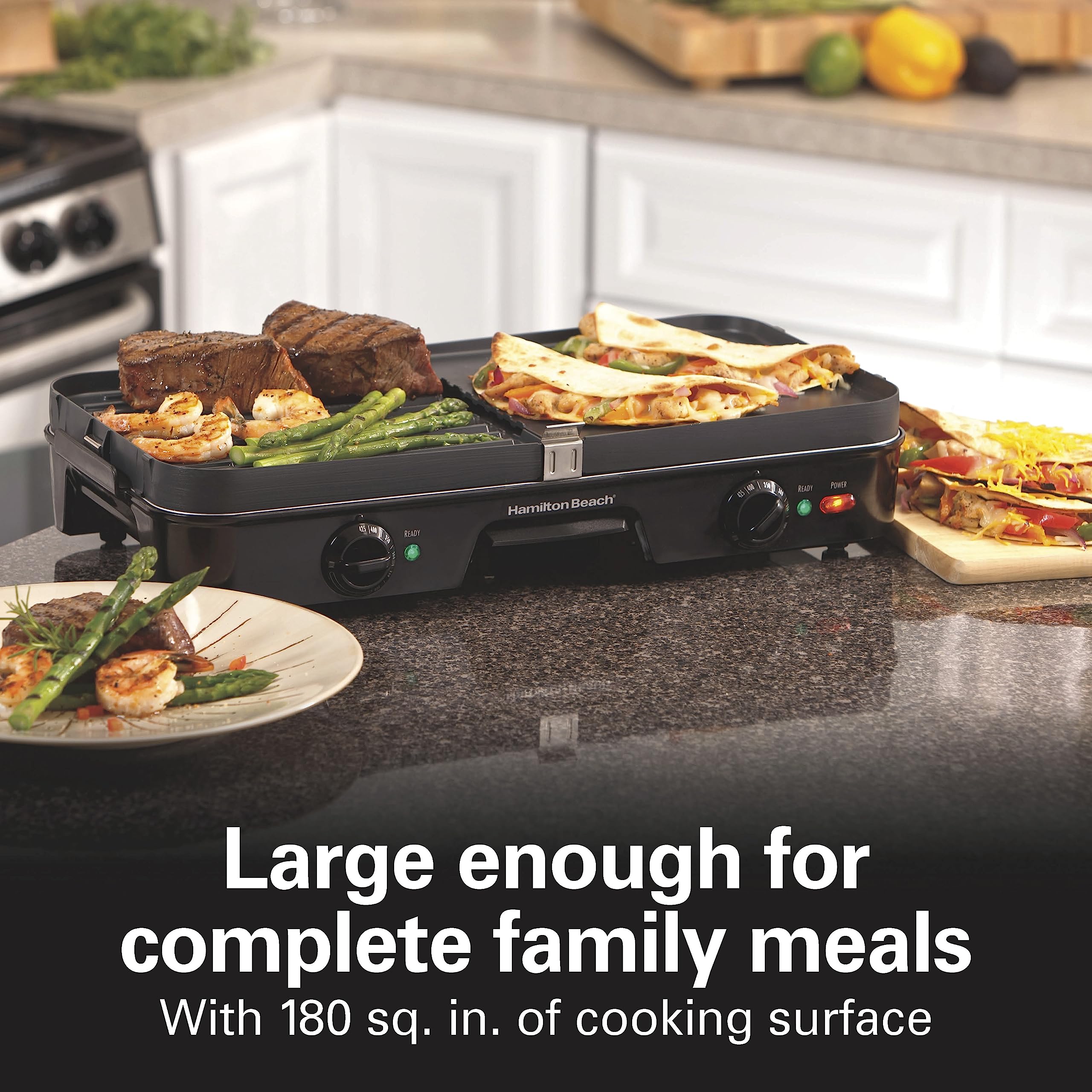 Hamilton Beach 3-in-1 Electric Indoor Grill & Griddle with Reversible Nonstick Plates - 8 Serving Capacity, 2 Adjustable Temperature Cooking Zones (Model 38546) - Perfect for Indoor BBQ, Breakfast Pancakes & Family Dinners - Black