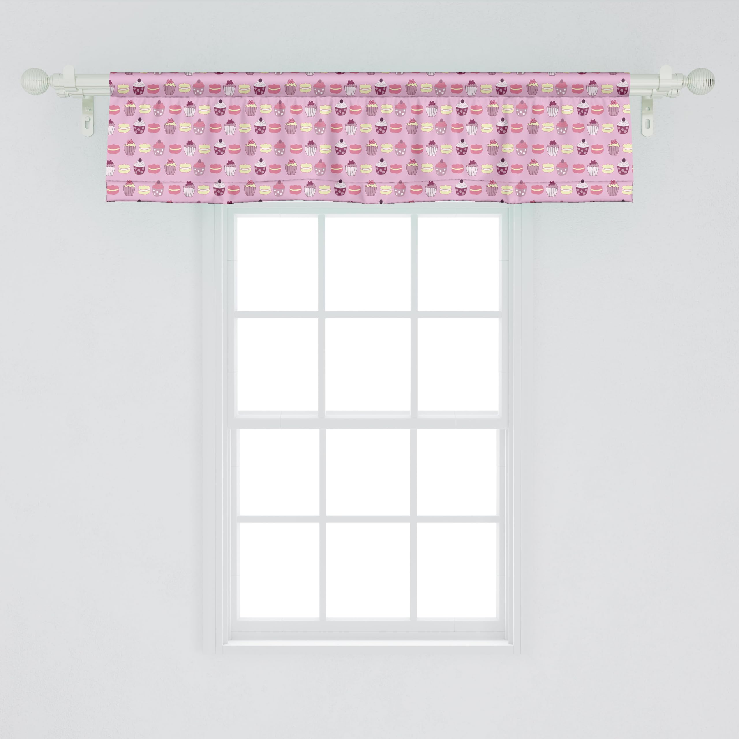 Ambesonne Cupcakes Window Valance Set of 2 - Pink Multicolor Pastry Design with Muffins & Macaroon Cookies, 54
