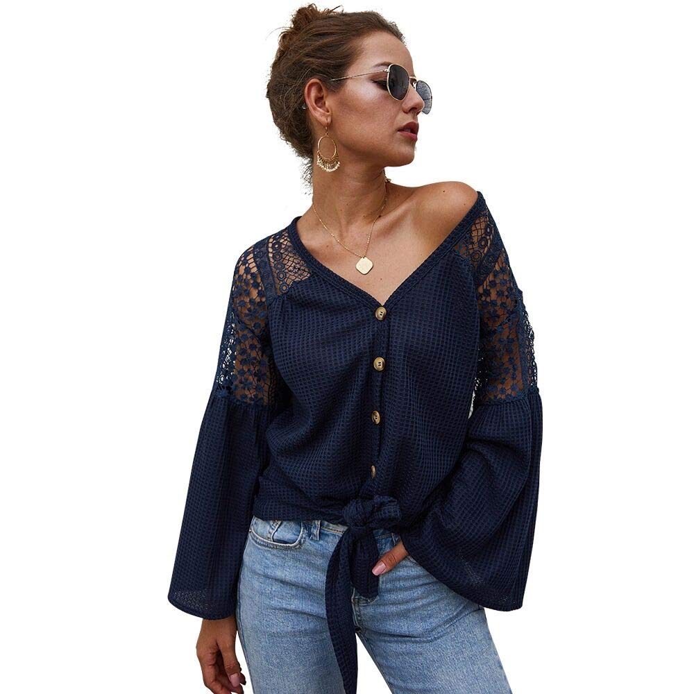 Women's V-Neck Lace Crochet Flowy Bell Sleeve Button-Down Casual T-Shirt Blouse - Perfect for Spring/Summer Outfits, Date Nights & Boho Chic Style