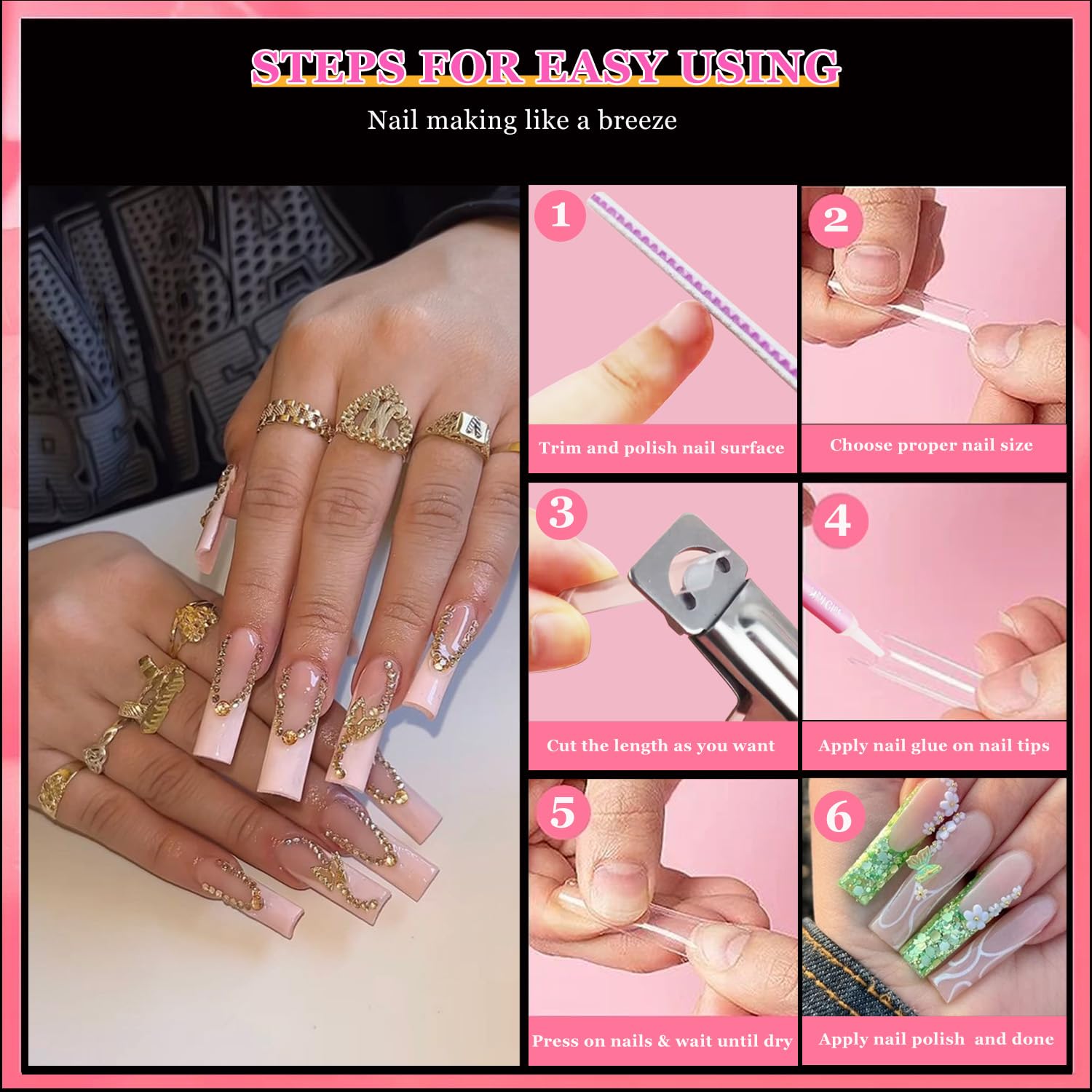 500 Pcs Clear Square Acrylic Nail Tips for Professional Nail Art - Long False Nails with Glue & Adhesive Tabs - Complete DIY Nail Kit with Nail Clipper & Files - Perfect for Salon, Home Manicure & Party Nail Designs