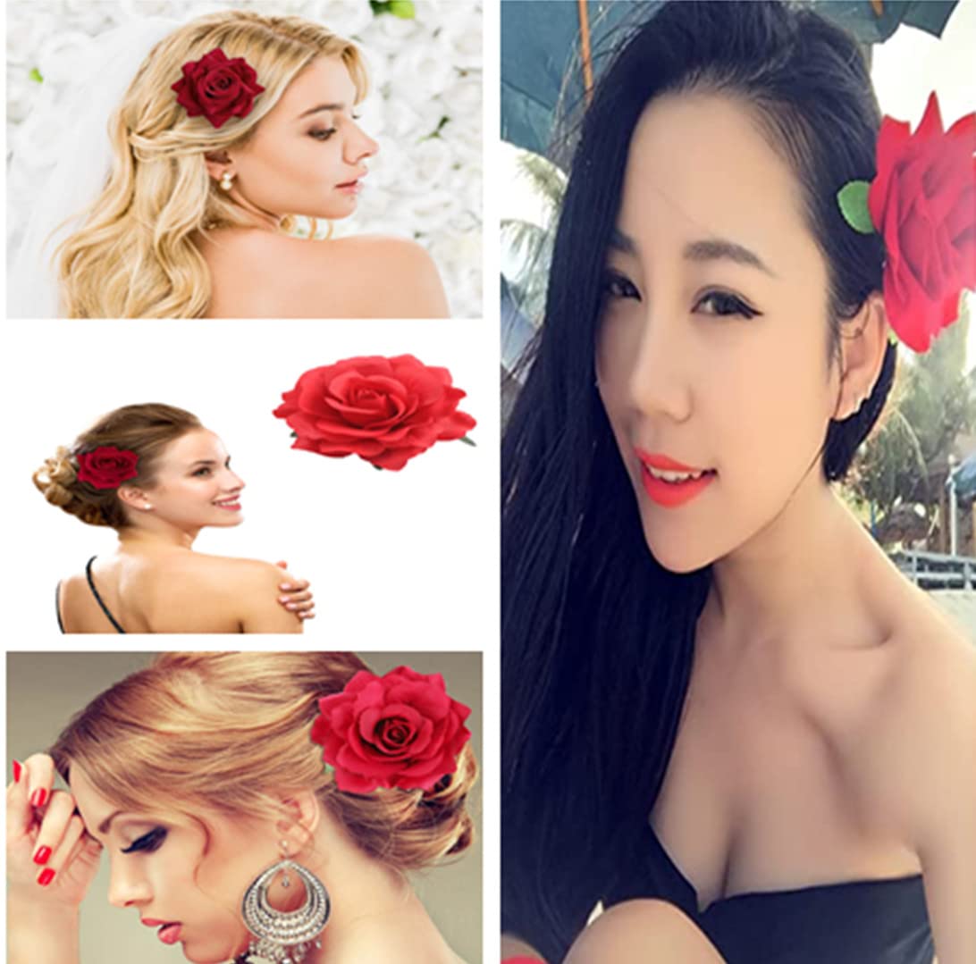 Rose Hair Clips for Women - Floral Brooch Hair Accessories with Rose Flowers, Wedding & Party Headpieces (Red) - Perfect for Bridal, Prom, Birthday & Special Occasions
