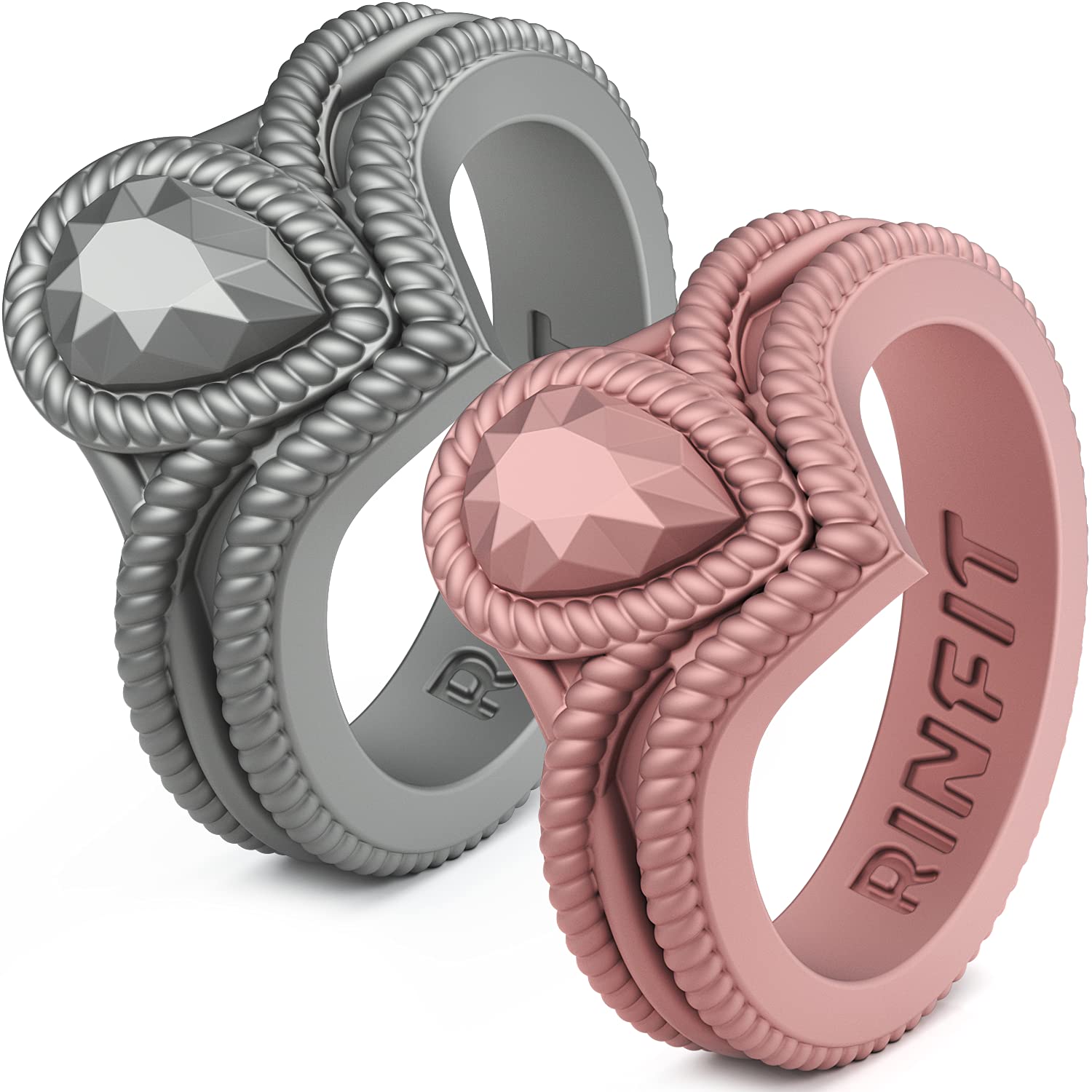 Rinfit Women's Silicone Wedding Bands - Elegant Pear Engagement Silicone Ring Set - Comfortable Rubber Rings for Active Lifestyles - Perfect for Gym, Swimming, Travel & Everyday Wear