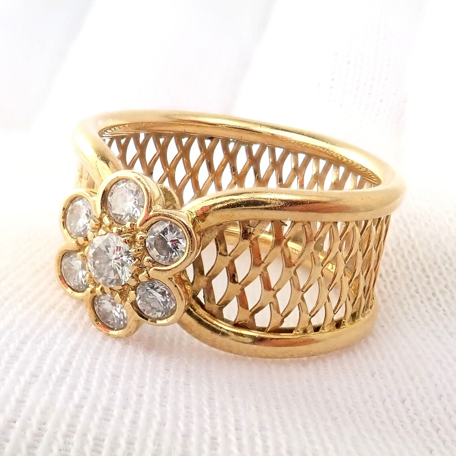Van Cleef & Arpels 18k Yellow Gold Diamond Fleurette Mesh Ring Size 7 - Luxury Jewelry for Women, Perfect for Weddings, Anniversaries & Special Occasions