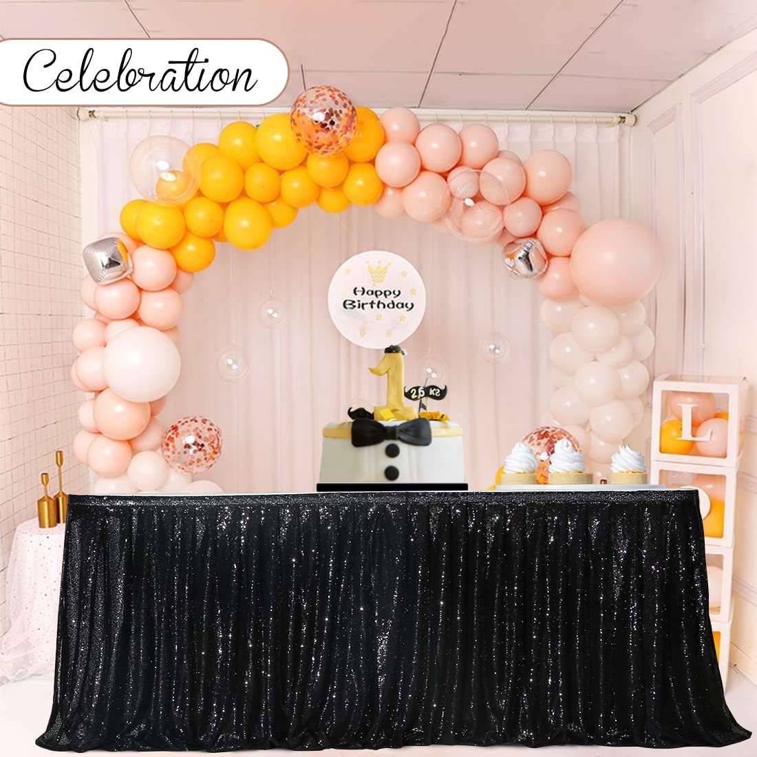Poise3EHome 14ft Sequin Table Skirt - Elegant Black Party Table Cover for Rectangle, Round & Square Tables - Perfect for Wedding, Birthday, Christmas & Holiday Decorations - Enhance Your Event with Sparkling Glamour