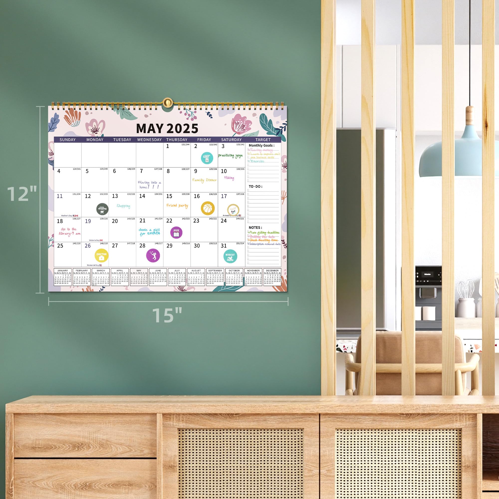 2025-2026 Wall Calendar - 18 Month Spiral Bound Hanging Calendar with Magnetic Back (15