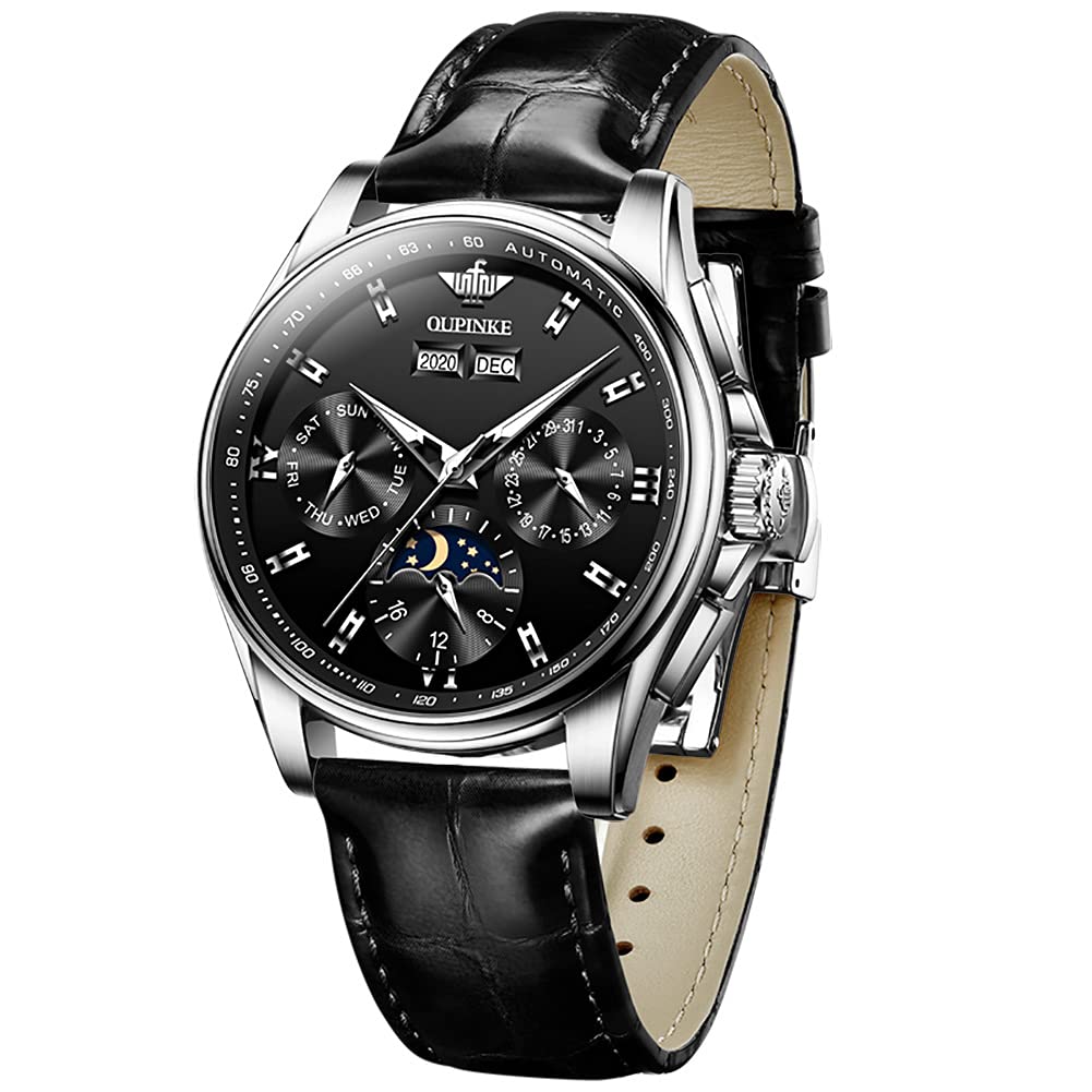 Premium Automatic Men's Luxury Dress Watch - Genuine Leather Strap, Sapphire Crystal, Multi-Calendar & Moon Phase - Waterproof Mechanical Wristwatch for Business, Formal Events & Special Occasions