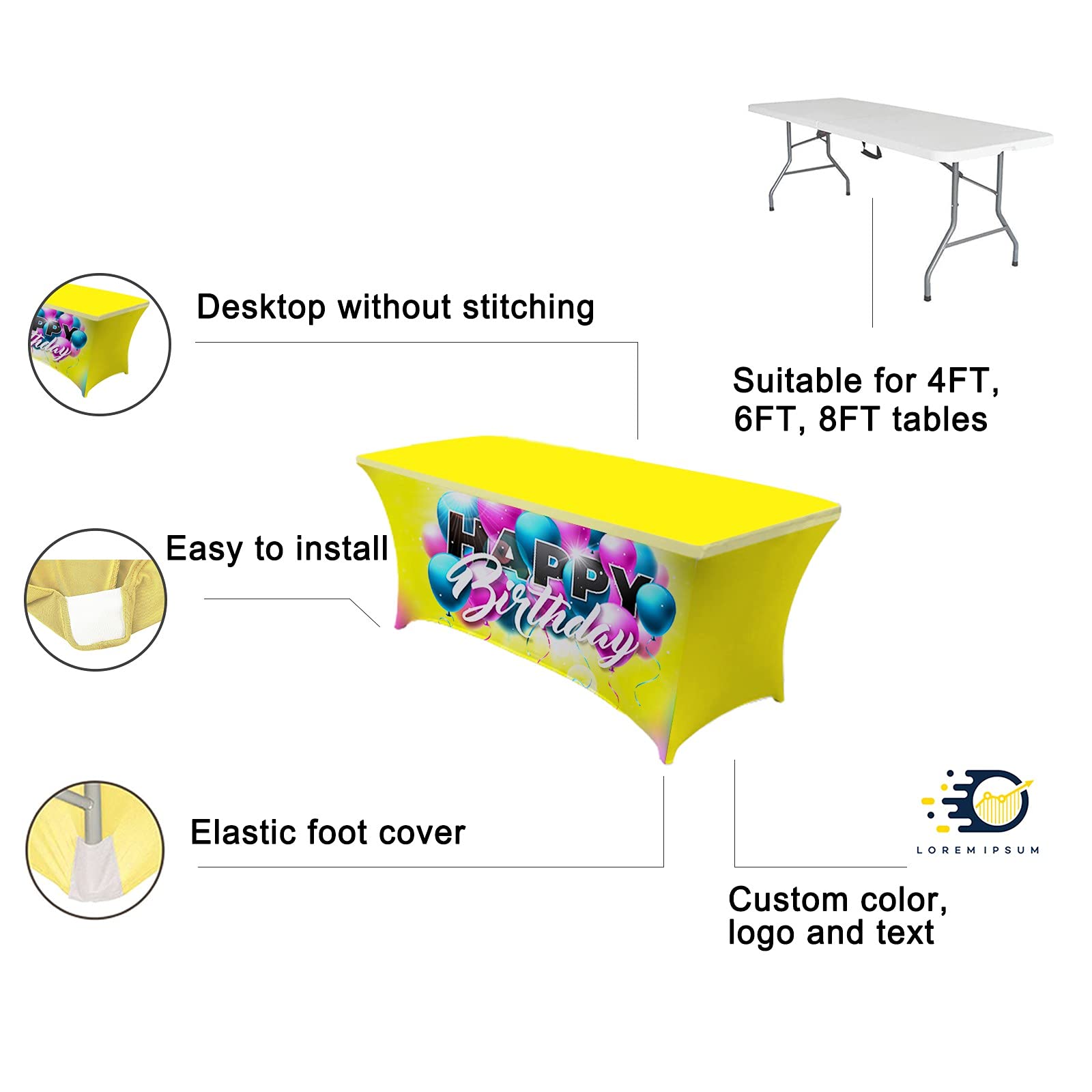 Custom Printed Table Covers for 4/6/8 Foot Tables - Personalized Stretch Spandex Tablecloth with Business Logo, Name & Design - Perfect for Trade Shows, Events & Brand Promotions