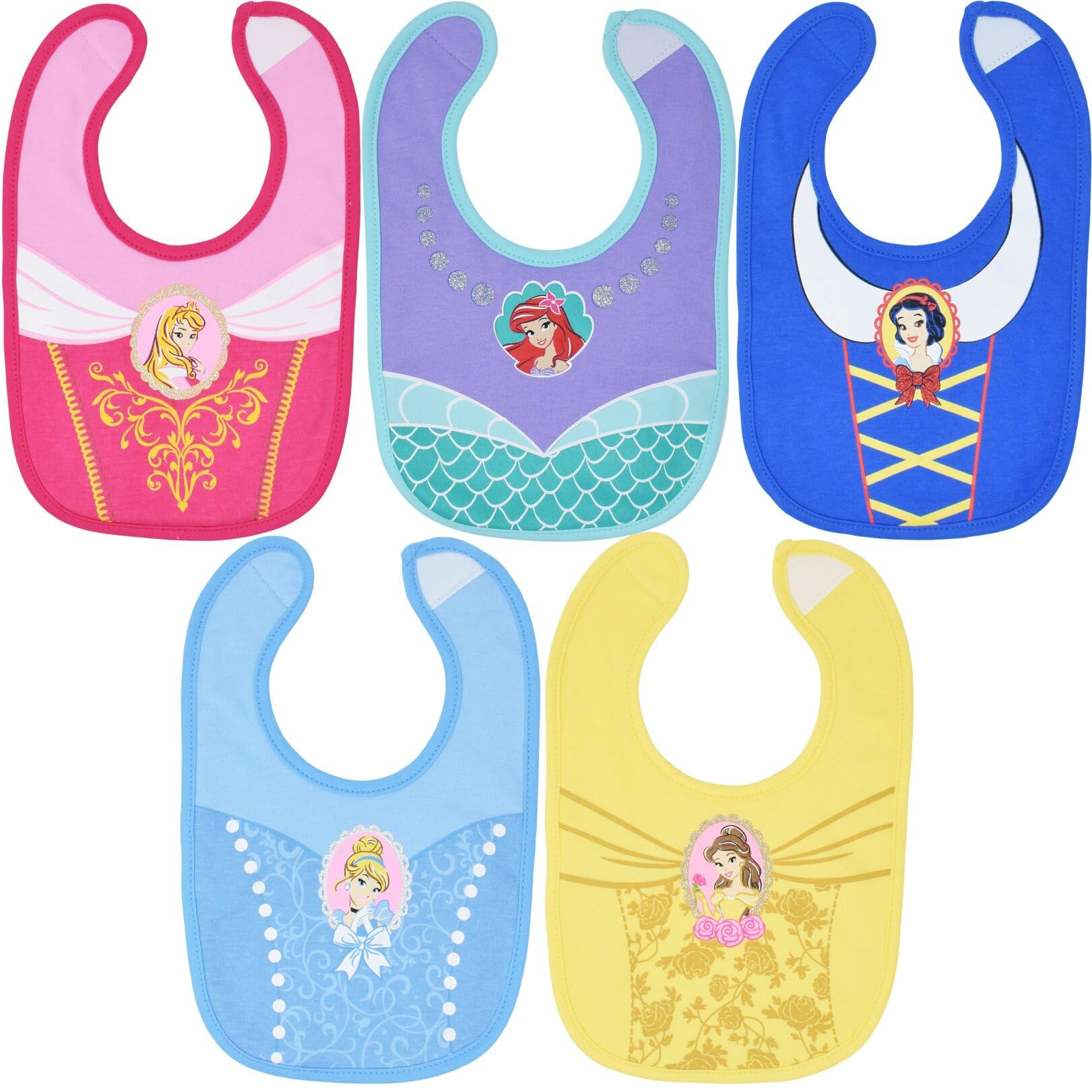 Disney Princess Baby Bibs 5-Pack - Snow White, Aurora, Belle, Ariel & Cinderella - Soft Cotton Drool Bibs for Infants & Toddlers - Perfect for Feeding Time, Daycare & Photo Shoots