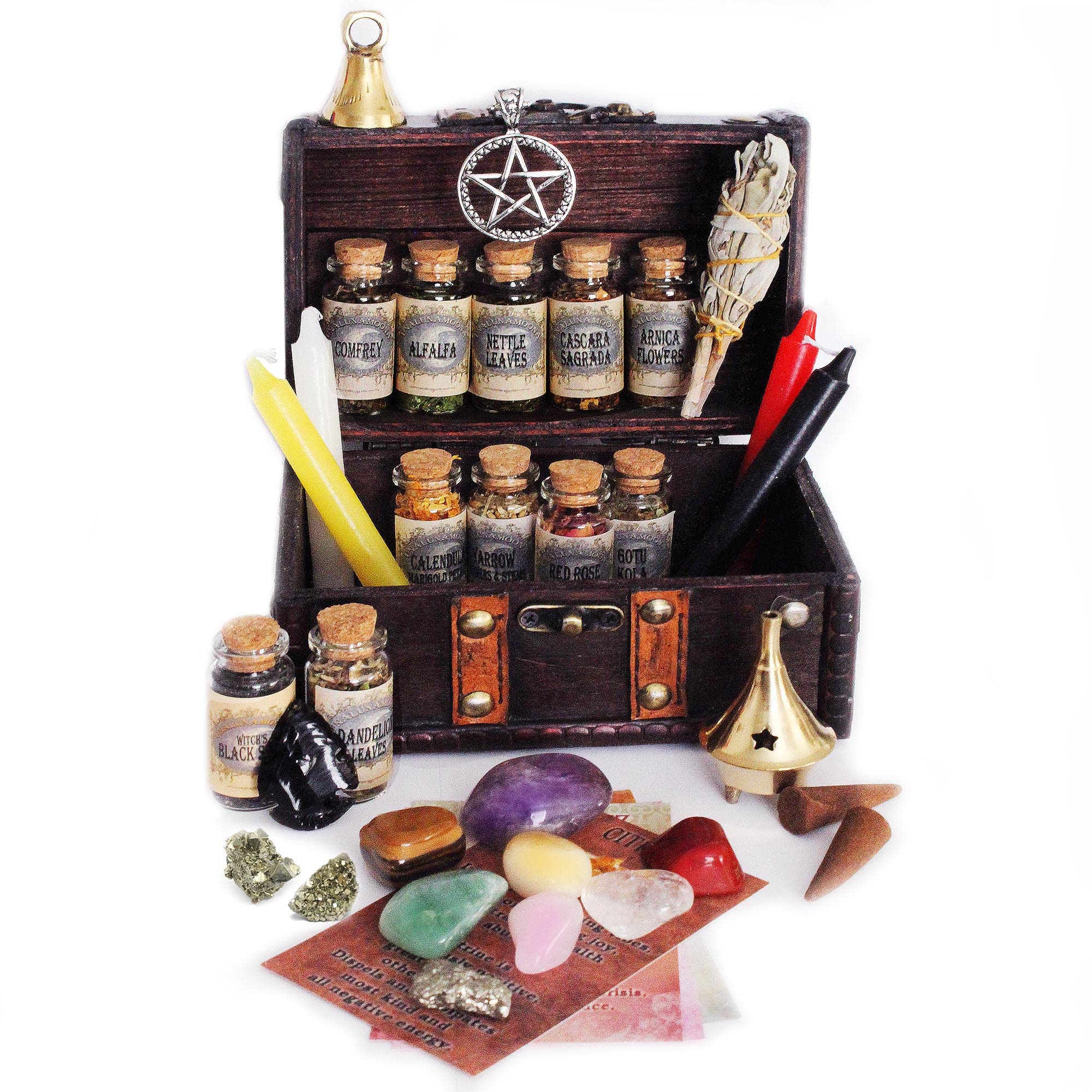 UnaLunaMoona Witchcraft Kit - 39 Essential Wiccan Supplies & Tools for Beginners | Complete Altar Starter Set with Witch Tools | Perfect for Wiccan Rituals, Spell Casting & Sacred Space Creation (Small Size)